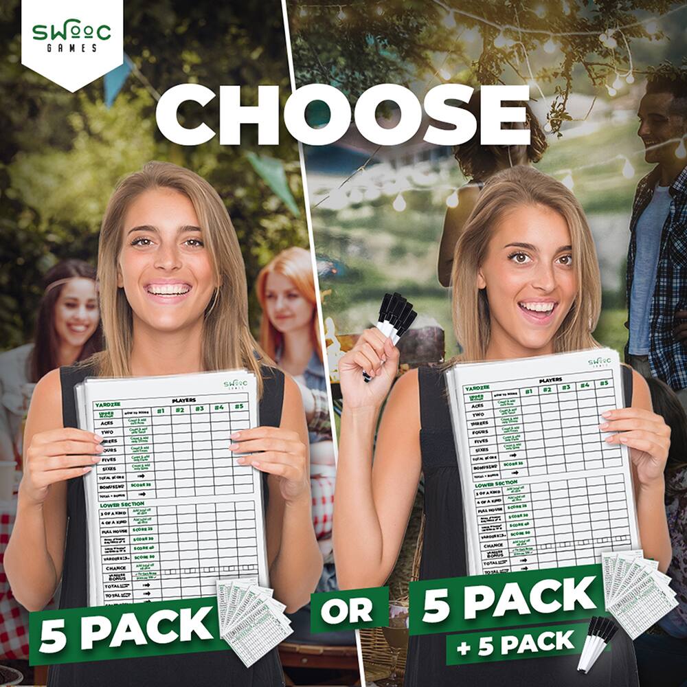 Sure, here is the corrected and grouped text:

---

**SWOOC GAMES**

**CHOOSE**

**5 PACK**  
OR  
**5 PACK + 5 PACK**

---

**YARDZEE**

**PLAYERS**  
#1 #2 #3 #4 #5

**ACES**  
**TWOS**  
**THREES**  
**FOURS**  
**FIVES**  
**SIXES**  
**3 OF A KIND**  
**4 OF A KIND**  
**FULL HOUSE**  
**SMALL STRAIGHT**  
**LARGE STRAIGHT**  
**YAHTZEE**  
**CHANCE**  
**TOTAL SCORE**

---

**SWOOC GAMES**