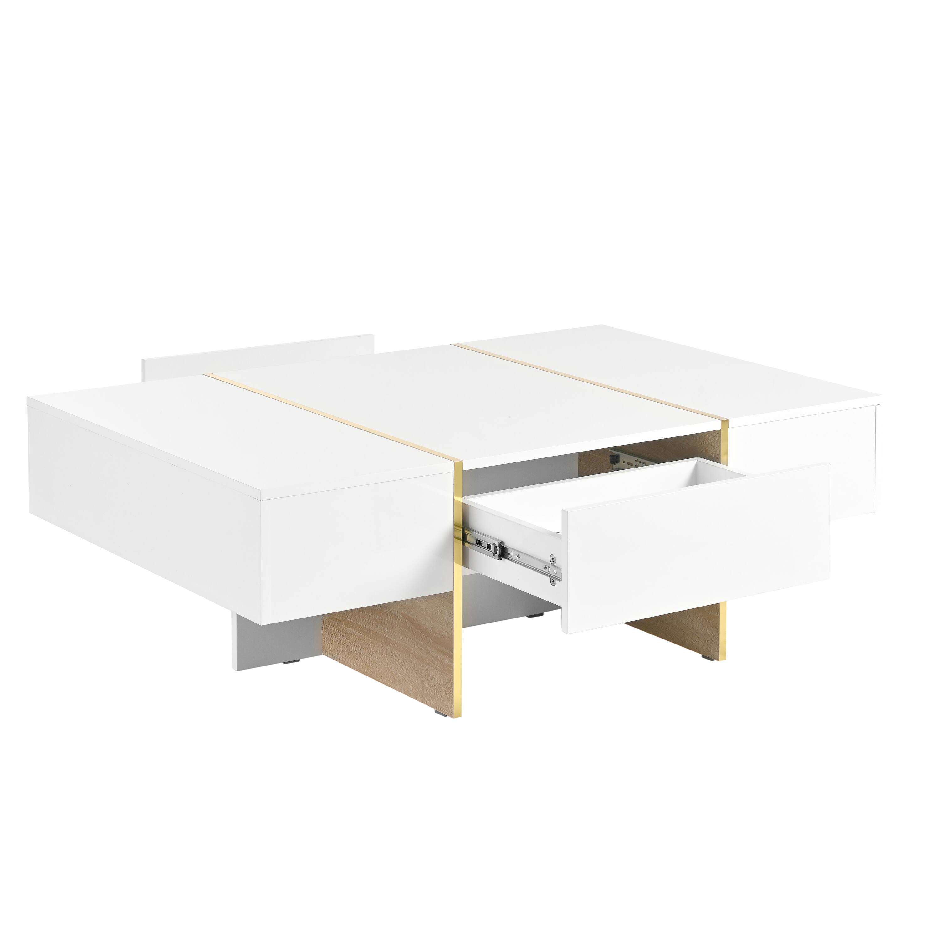 Alt View 7. Tiramisubest - Minimalist High Gloss Coffee Table with 2 Drawers,Multi-Storage Rectangle Sofa Table with Golden Wood Grain Legs,White - White.