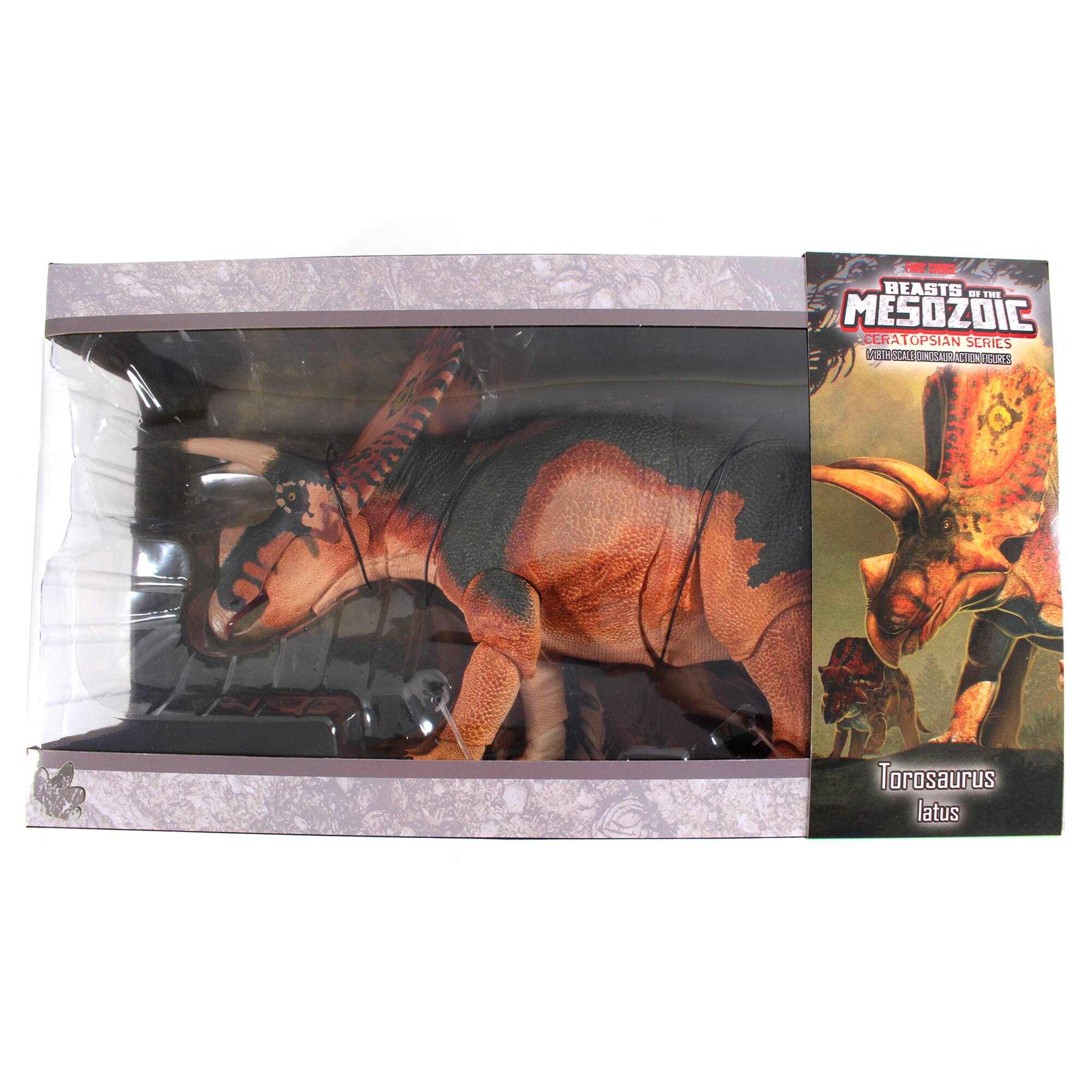 The image features a Torosaurus latus dinosaur toy from the Mesozoic Ceratopsians series. The toy is displayed in a box, and it appears to be a collectible item. The toy is a representation of a dinosaur that lived during the late Cretaceous period.