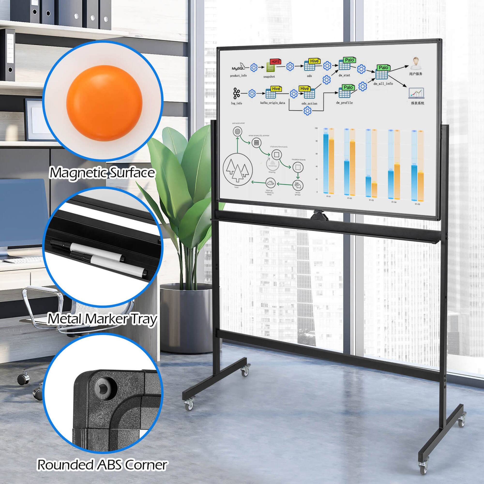 The image features a large screen with a presentation displayed on it. The screen is placed on a stand, and there is a potted plant nearby. The presentation includes a diagram and a chart, which are essential for the meeting. The screen is surrounded by various objects, such as a laptop, a keyboard, and a cell phone. Additionally, there is a book placed on a surface, and a chair is positioned close to the screen. The image also shows a remote control, which might be used to control the presentation or the screen.