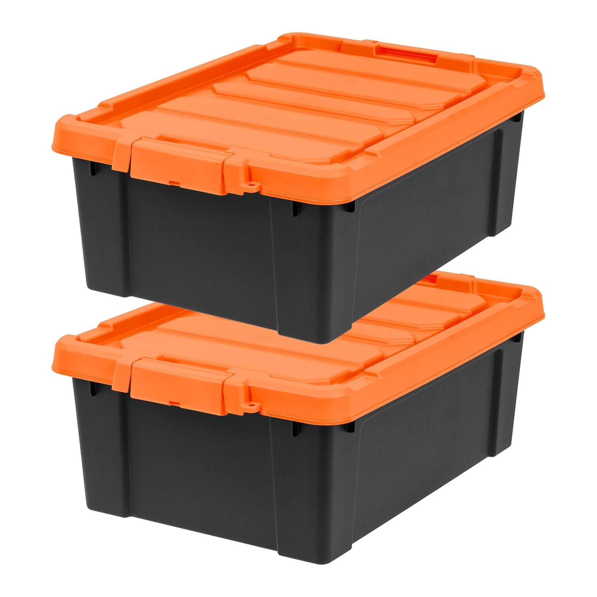 Front. IRIS USA - IRIS USA 2 Pack, 12 Gal Lockable Storage Bins Stackable Containers, Black/Orange - Black, Orange.