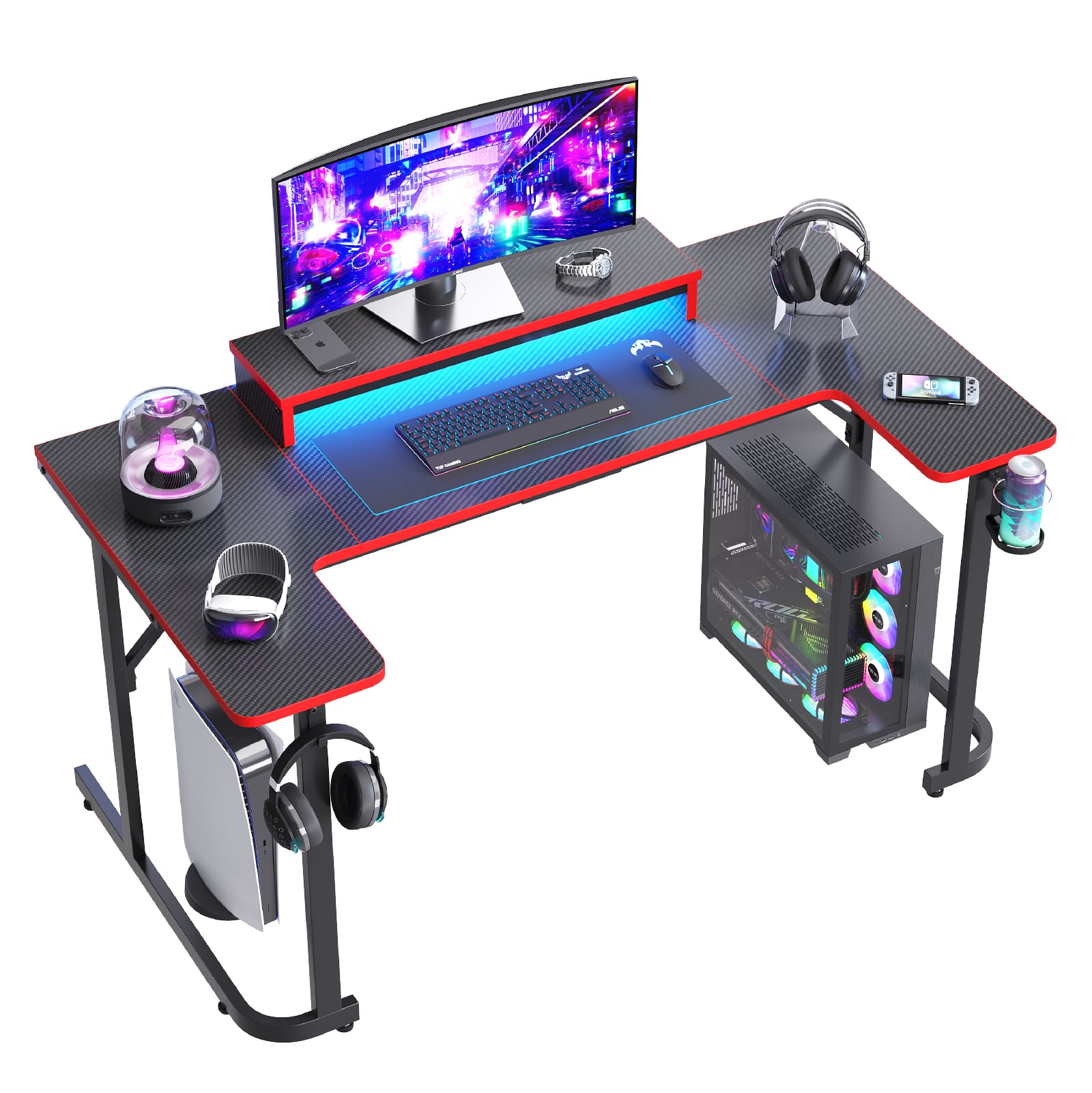 Front. Bestier - U-Shaped Gaming Desk with Monitor Stand, LED Lighting, Headphone Hooks, and Cup Holder - 59-inch Black Carbon Fiber.