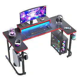 Bestier - U-Shaped Gaming Desk with Monitor Stand, LED Lighting, Headphone Hooks, and Cup Holder - 59-inch Black Carbon Fiber