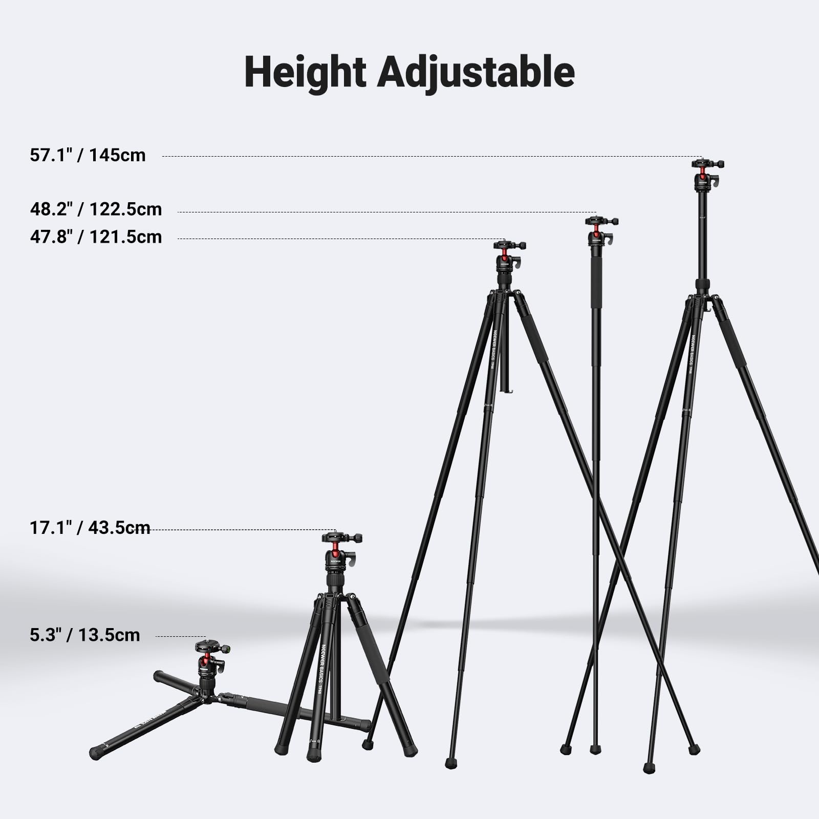 Height Adjustable

57.1" / 145cm  
48.2" / 122.5cm  
47.8" / 121.5cm  
17.1" / 43.5cm  
5.3" / 13.5cm