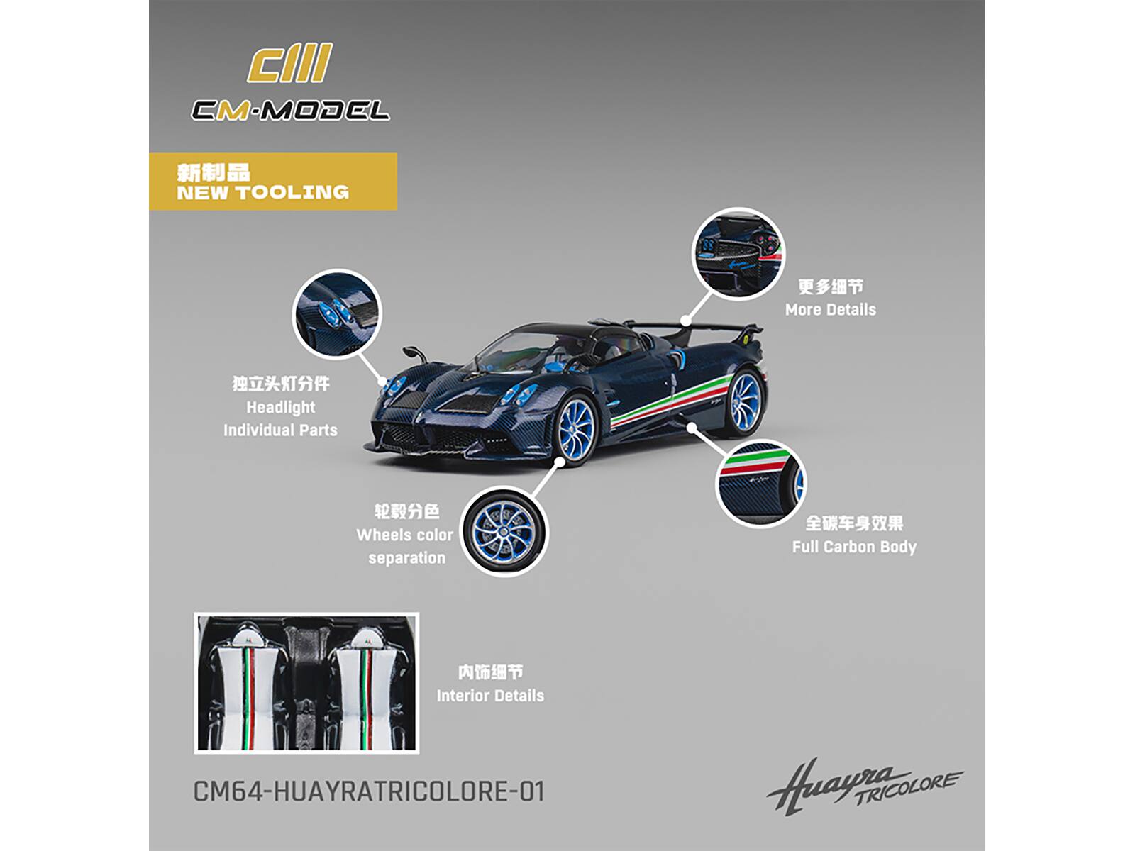 CIII  
CM-MODEL  

NEW TOOLING  

Headlight  
Individual Parts  

Wheels color separation  

Full Carbon Body  

Interior Details  

CM64-HUAYRATRICOLOR-01  

Huayra TRICOLORE