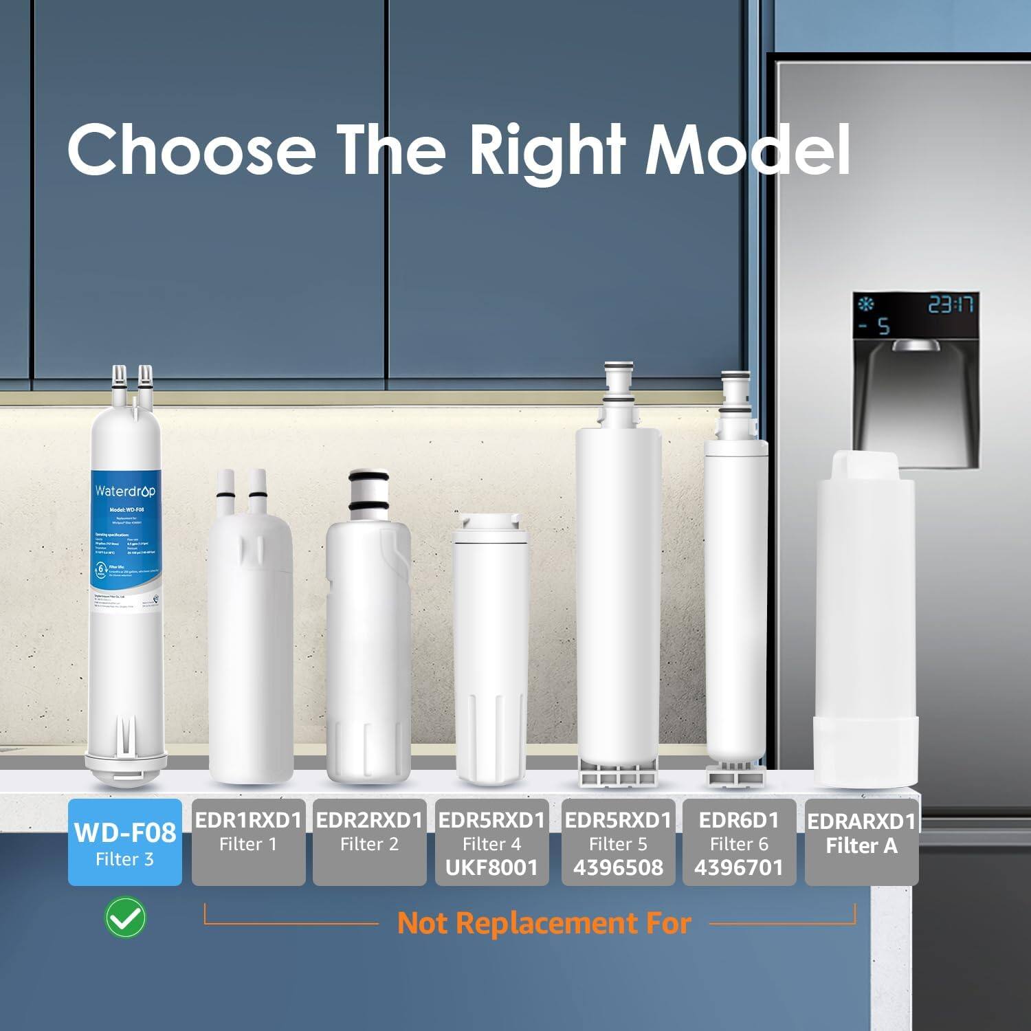 Choose The Right Model - 5 23:17 Waterdrop - WD-F08 Filter 3 EDR1RXD1 Filter 1 EDR2RXD1 Filter 2 EDR5RXD1 Filter 4 EDR5RXD1 Filter 5 EDR6D1 Filter 6 EDARXD1 Filter A 4396508 4396701 Not Replacement For