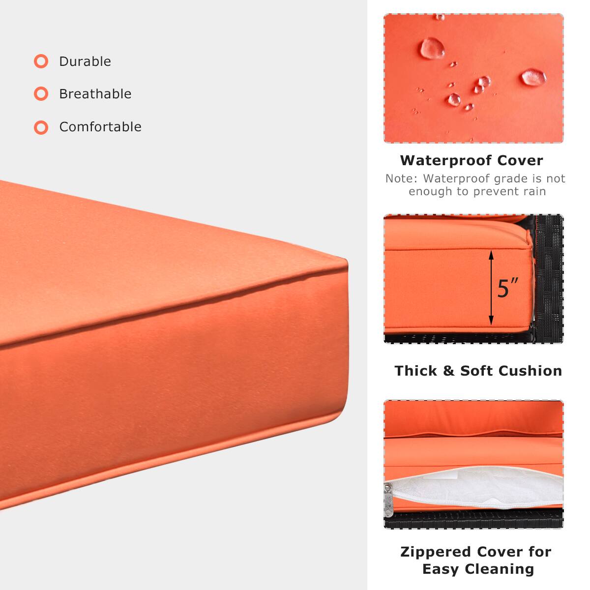 Durable, Breathable, Comfortable, Waterproof Cover, Note: Waterproof grade is not enough to prevent rain, 5", Thick & Soft Cushion, Zippered Cover for Easy Cleaning