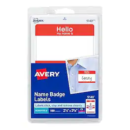 Avery - "Hello My Name Is" Name Badge Labels, 2 1/3" x 3 3/8", White with Red Hello, 100 Labels Per Pack (5140) - White w/ Red Hello