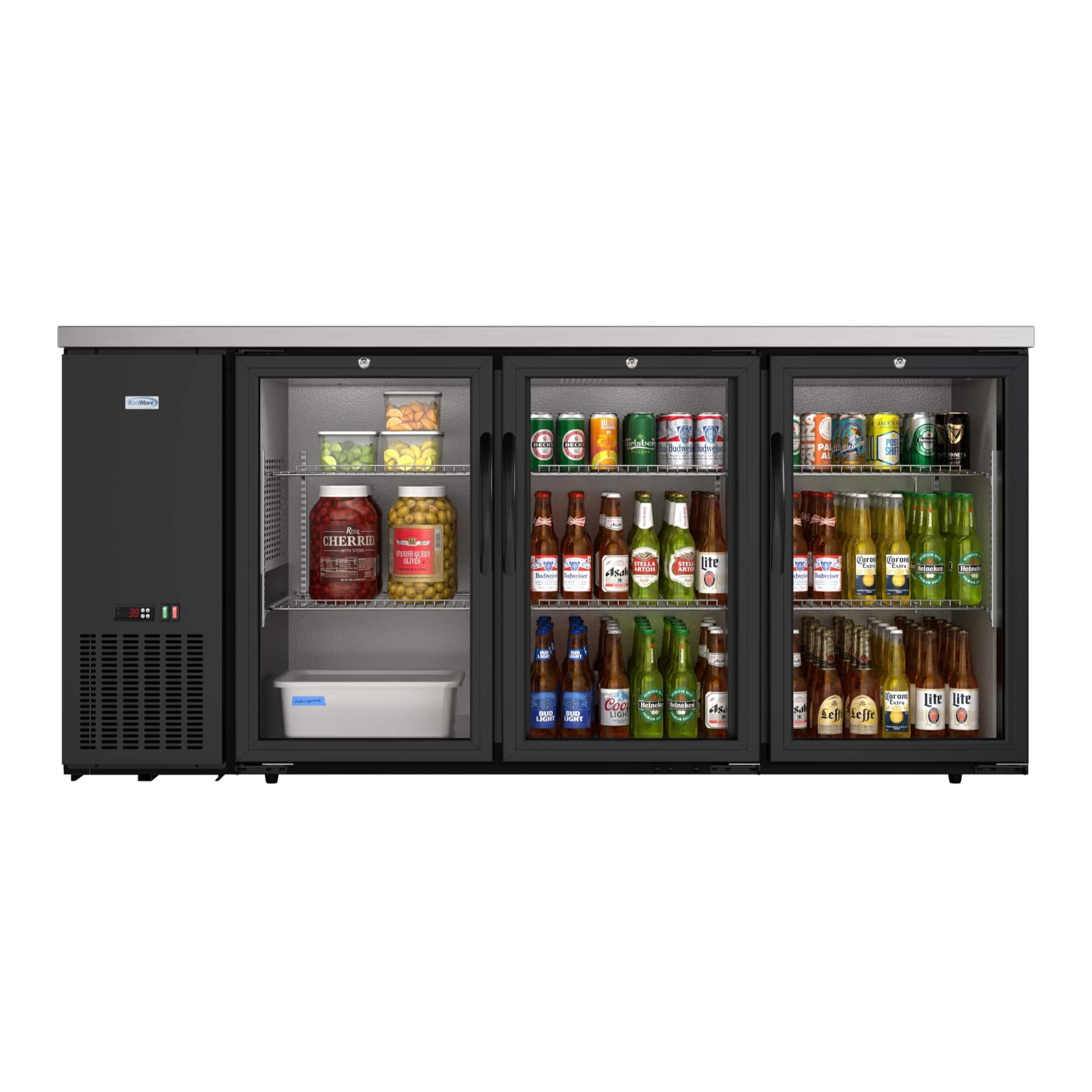 Koolmore - 72 in. Commercial Three Glass Door Back Bar Cooler Refrigerator with LED Lighting, 18 Cu. Ft Capacity - Black