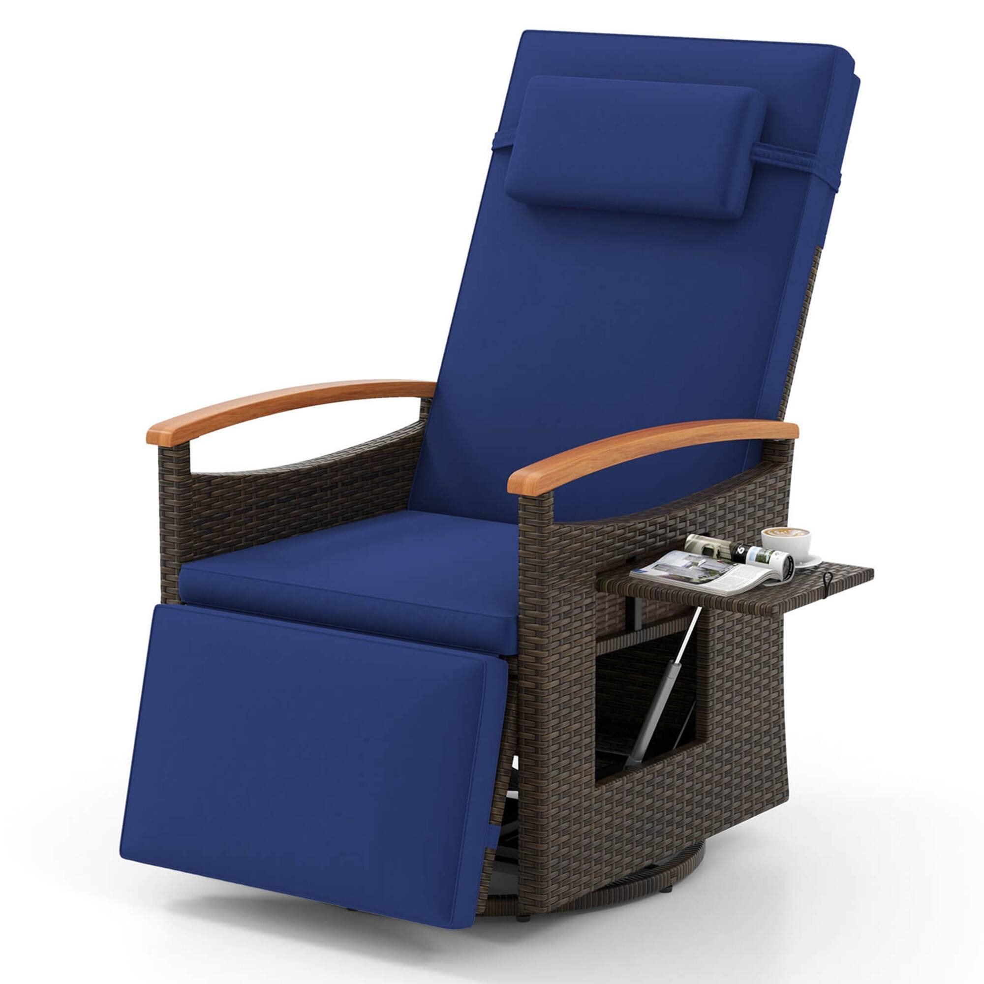 Angle. Costway - Outdoor 360° Swivel Rattan Recliner Chair Patio Wicker Chaise Lounge Chair - Mix Brown + Navy.
