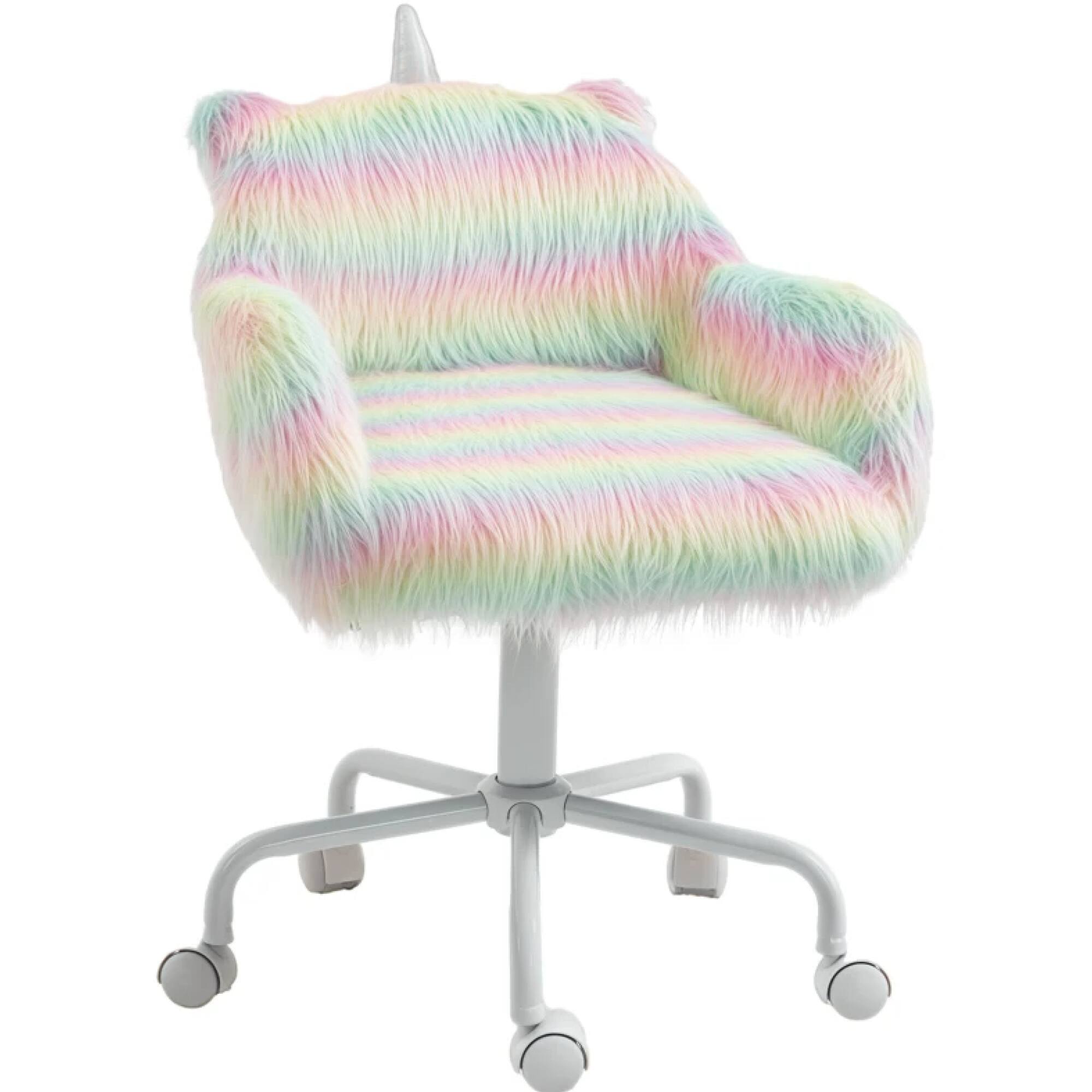 Angle. GOODSILO - Whimsical Plush Unicorn Swivel Chair with Adjustable Height for Playrooms and Home Offices - Rainbow.