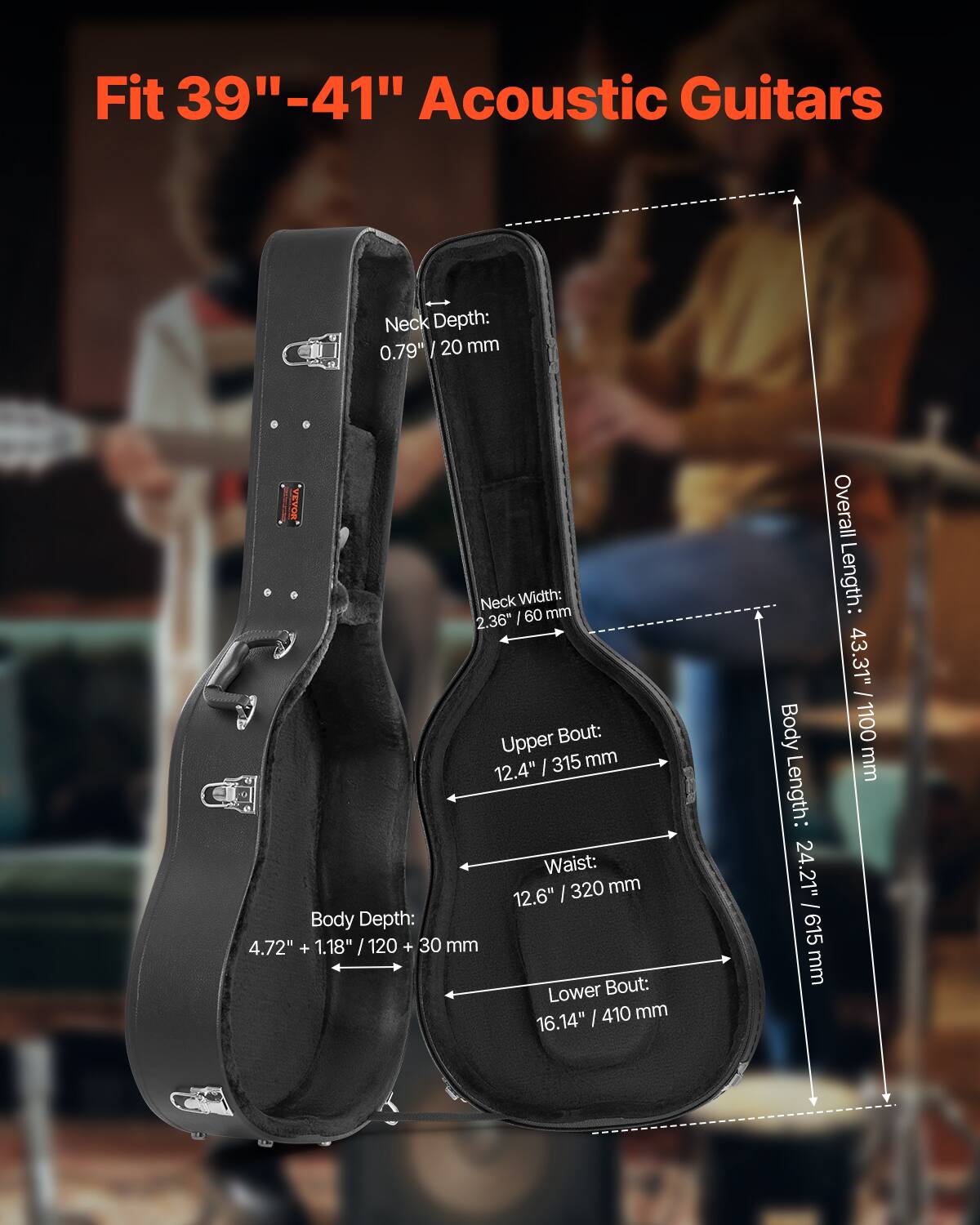 Fit 39"-41" Acoustic Guitars

Neck Depth: 0.79" / 20 mm

Neck Width: 2.36" / 60 mm

Upper Bout: 12.4" / 315 mm

Waist: 12.6" / 320 mm

Body Depth: 4.72" + 1.18" / 120 + 30 mm

Lower Bout: 16.14" / 410 mm

Body Length: 24.21" / 615 mm

Overall Length: 43.31" / 1100 mm
