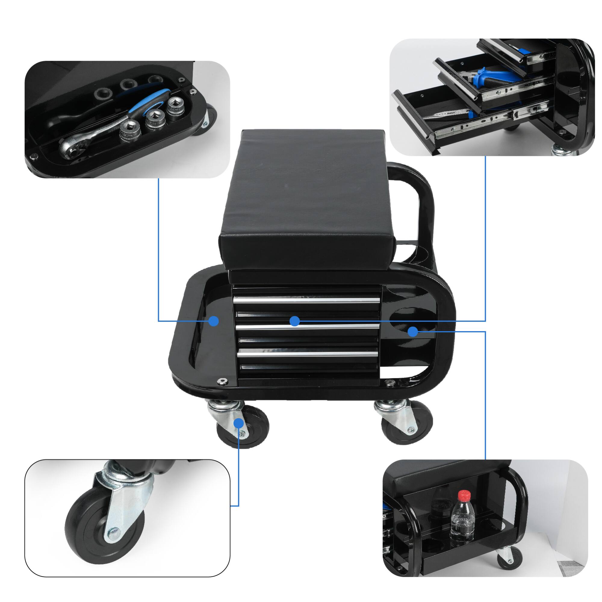 Alt View 3. ELEMENT ACE - Heavy-Duty Rolling Mechanic Seat with Built-In Storage Drawers and Tool Organizer - Black.