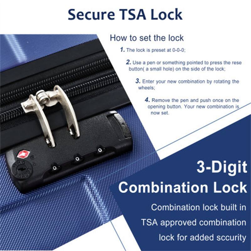 Secure TSA Lock

How to set the lock
1. The lock is preset at 0-0-0;
2. Use a pen or something pointed to press the reset button (a small hole) on the side of the lock;
3. Enter your new combination by rotating the wheels;
4. Remove the pen and push once on the opening button. Your new combination is now set.

3-Digit Combination Lock
Combination lock built in TSA approved combination lock for added security