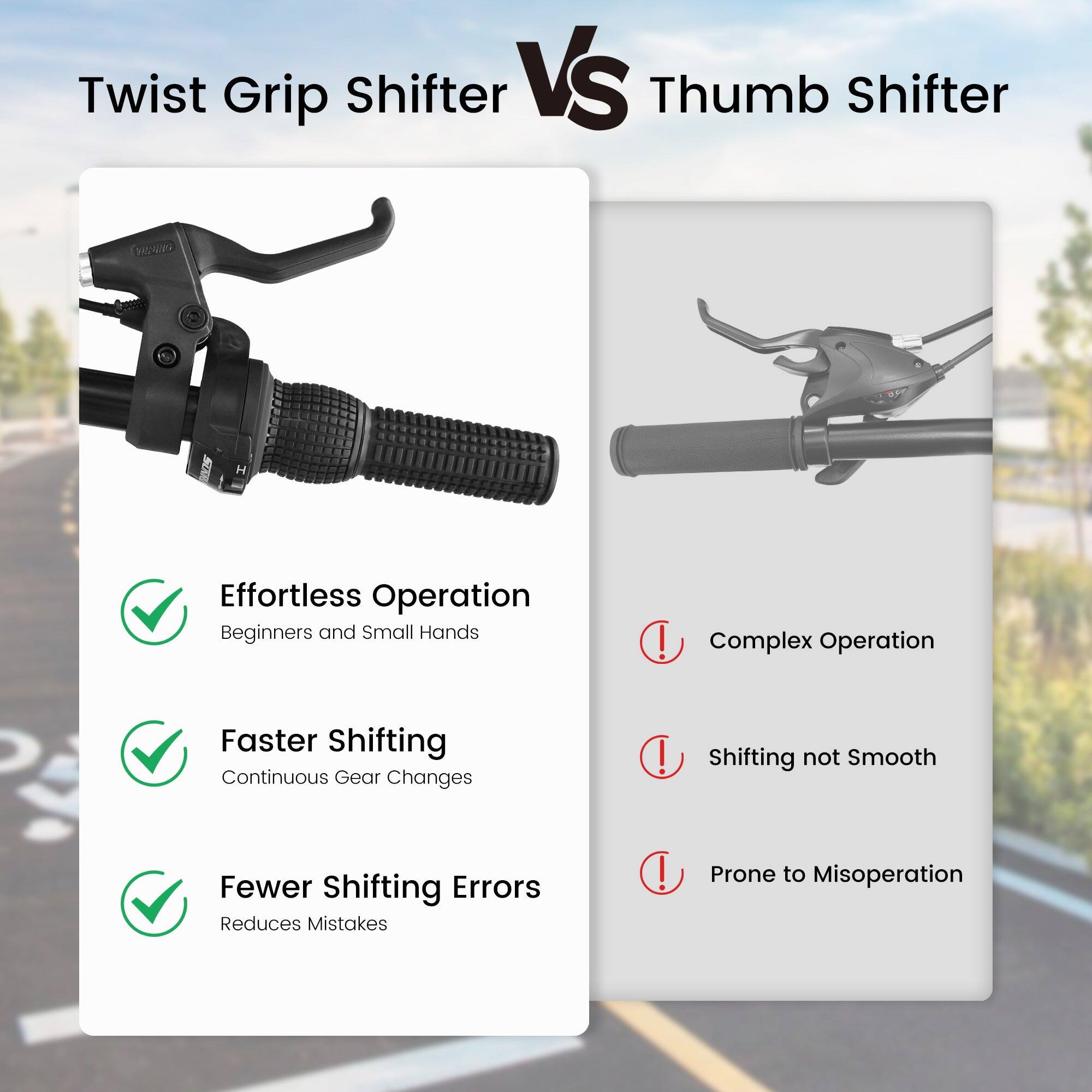 Twist Grip Shifter Vs Thumb Shifter

Effortless Operation  
Beginners and Small Hands

Faster Shifting  
Continuous Gear Changes

Fewer Shifting Errors  
Reduces Mistakes

Complex Operation

Shifting not Smooth

Prone to Misoperation