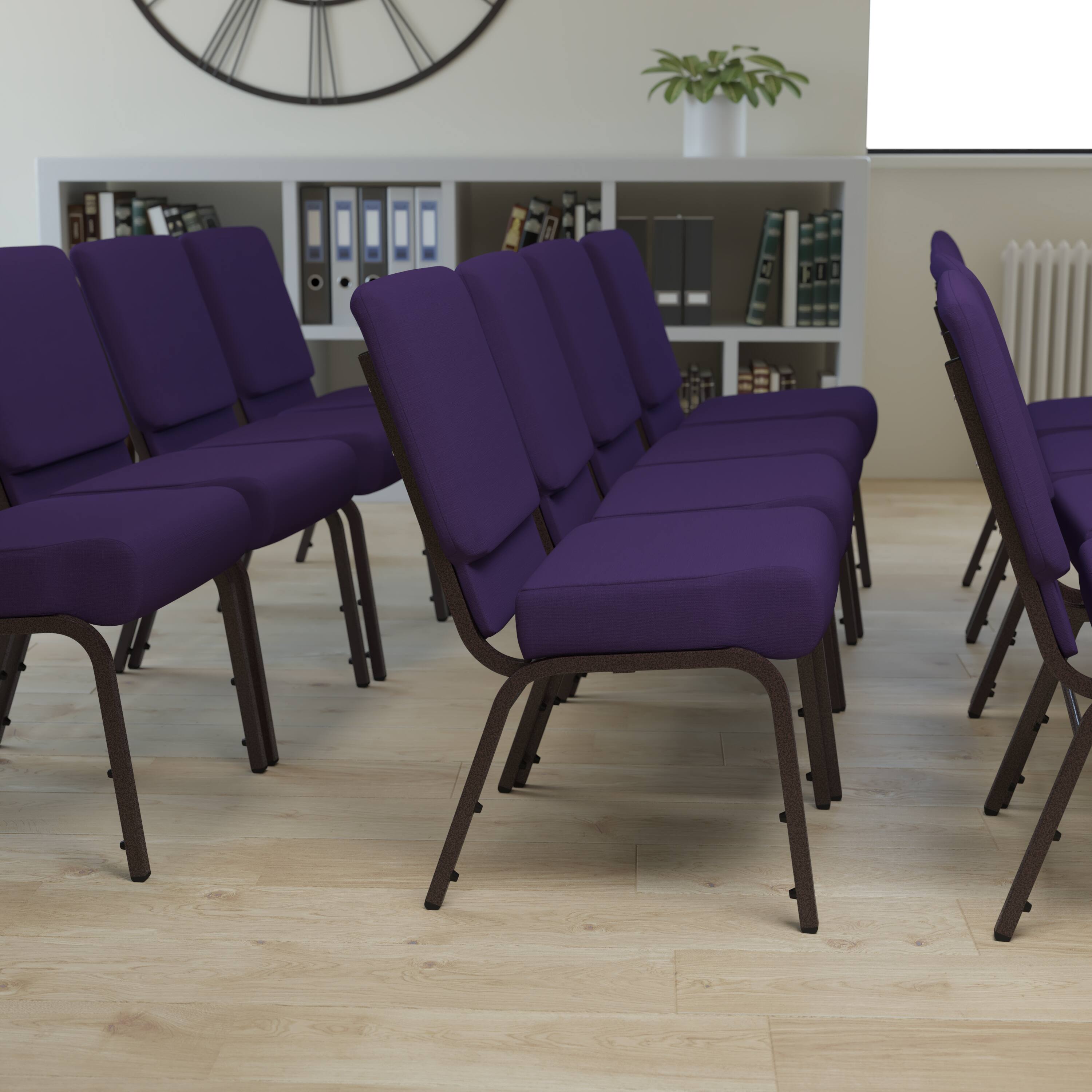 Alt View 1. Emma + Oliver - 21"W Stackable Church/Reception Guest Chair - Royal Purple Fabric/Gold Vein Frame.