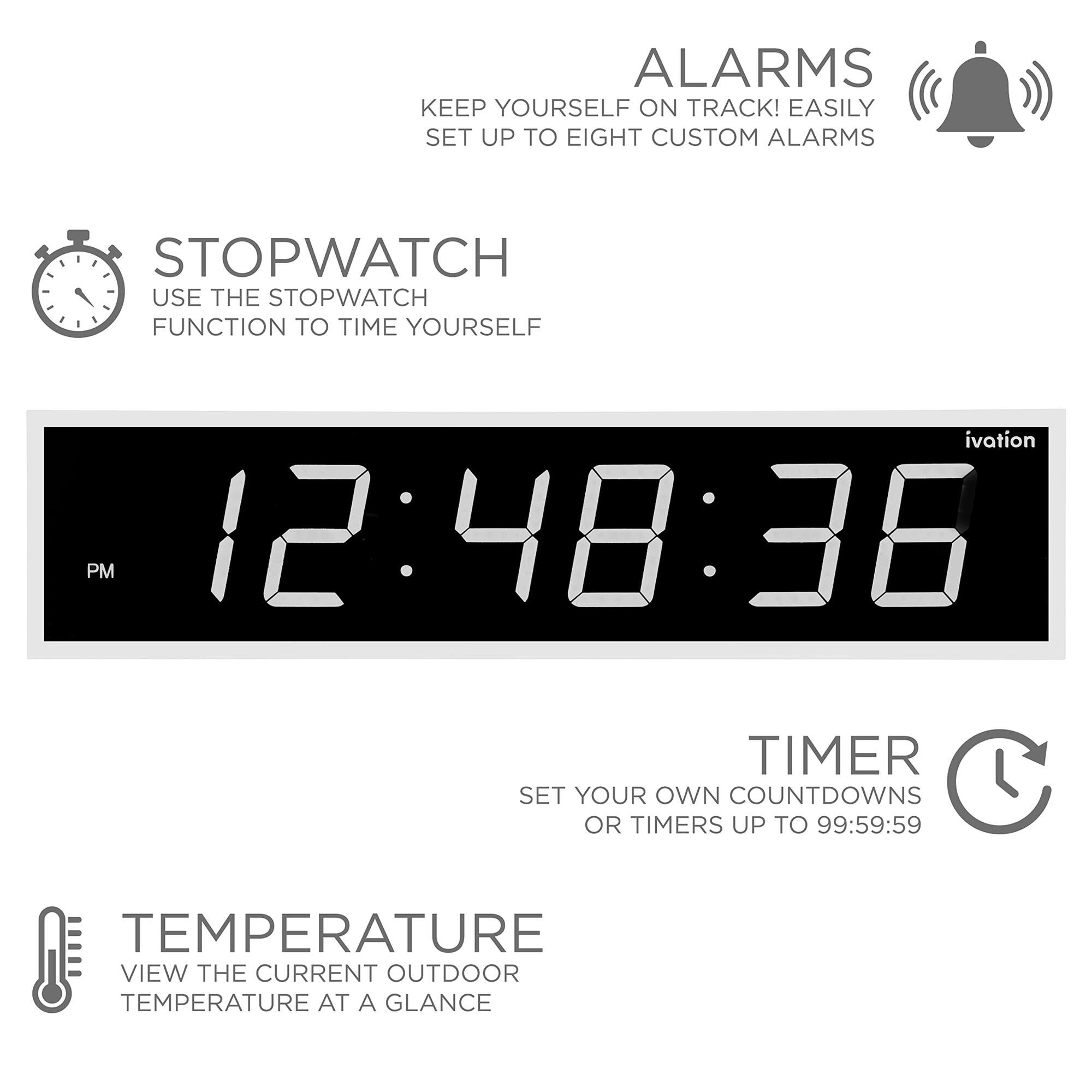 ALARMS: KEEP YOURSELF ON TRACK! EASILY SET UP TO EIGHT CUSTOM ALARMS
STOPWATCH: USE THE STOPWATCH FUNCTION TO TIME YOURSELF
TIMER: SET YOUR OWN COUNTDOWNS OR TIMERS UP TO 99:59:59
TEMPERATURE: VIEW THE CURRENT OUTDOOR TEMPERATURE AT A GLANCE

PM 12:48:36