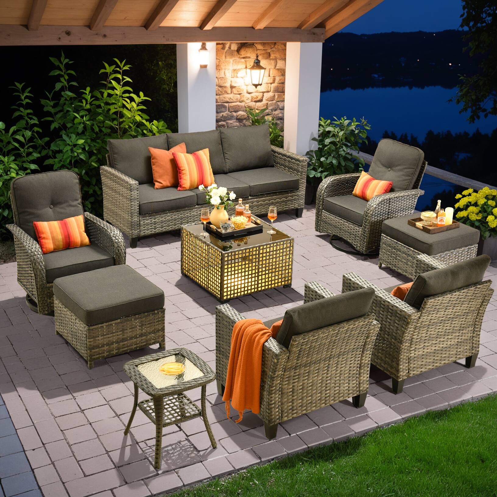 Ovios - 9 PCS Patio Furniture Set, Rattan Sofa with Swivel Chair, Ottoman & Coffee Table for Garden - Black