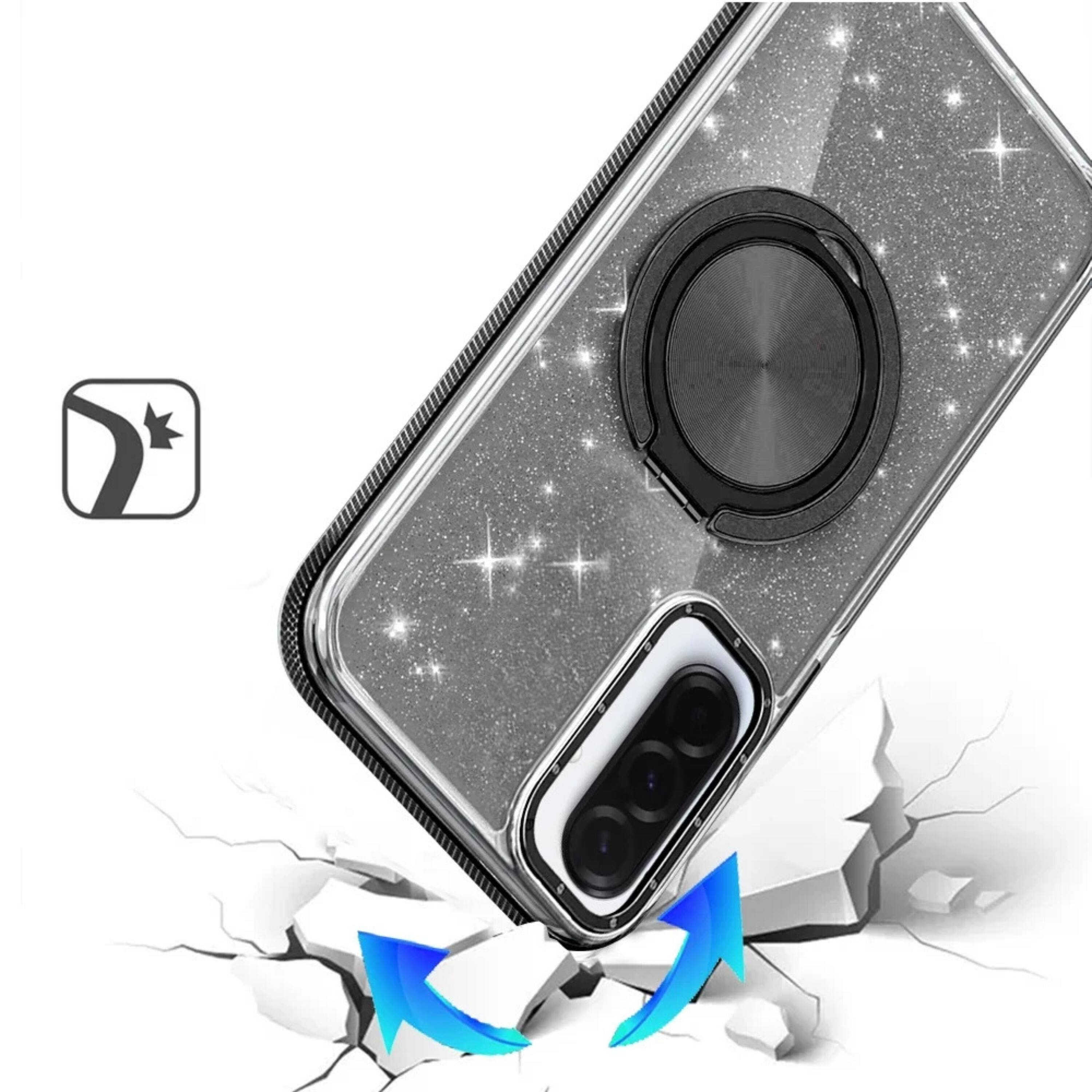 Angle. Kitcheniva - Magnetic Circle Glitter Case For Samsung A17 5G With Ring Stand And Tempered Glass Black - Black.