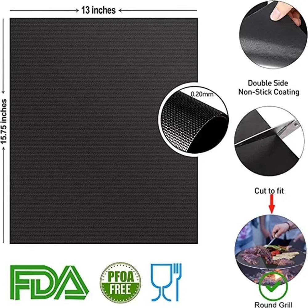 13 inches x 15.75 inches  
0.20mm  
Double Side Non-Stick Coating  
Cut to fit  
PFOA FREE  
FDA  
Round Grill