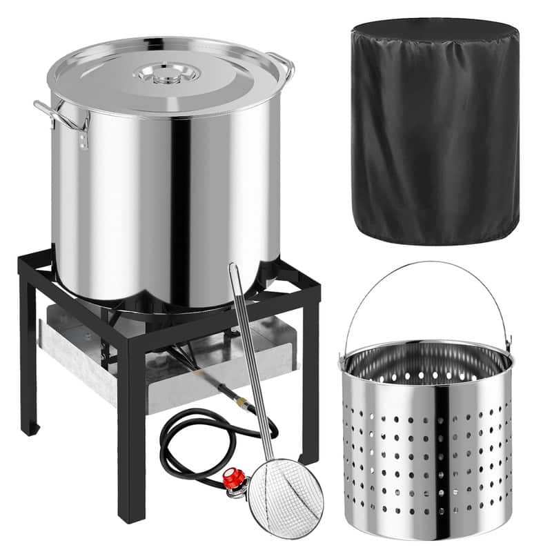 FODINGHILL - 100QT Stainless Steel Outdoor Crawfish & Crab Boiler with Basket, Skimmer & Cover, Seafood Boiling Kit - Silver