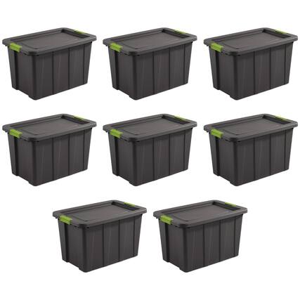 Front. Sterilite - Sterilite 30 Gal Latching Tuff1 Stackable Storage Tote Bin w/ Latch Lid, 8 Pack - Flat Gray.