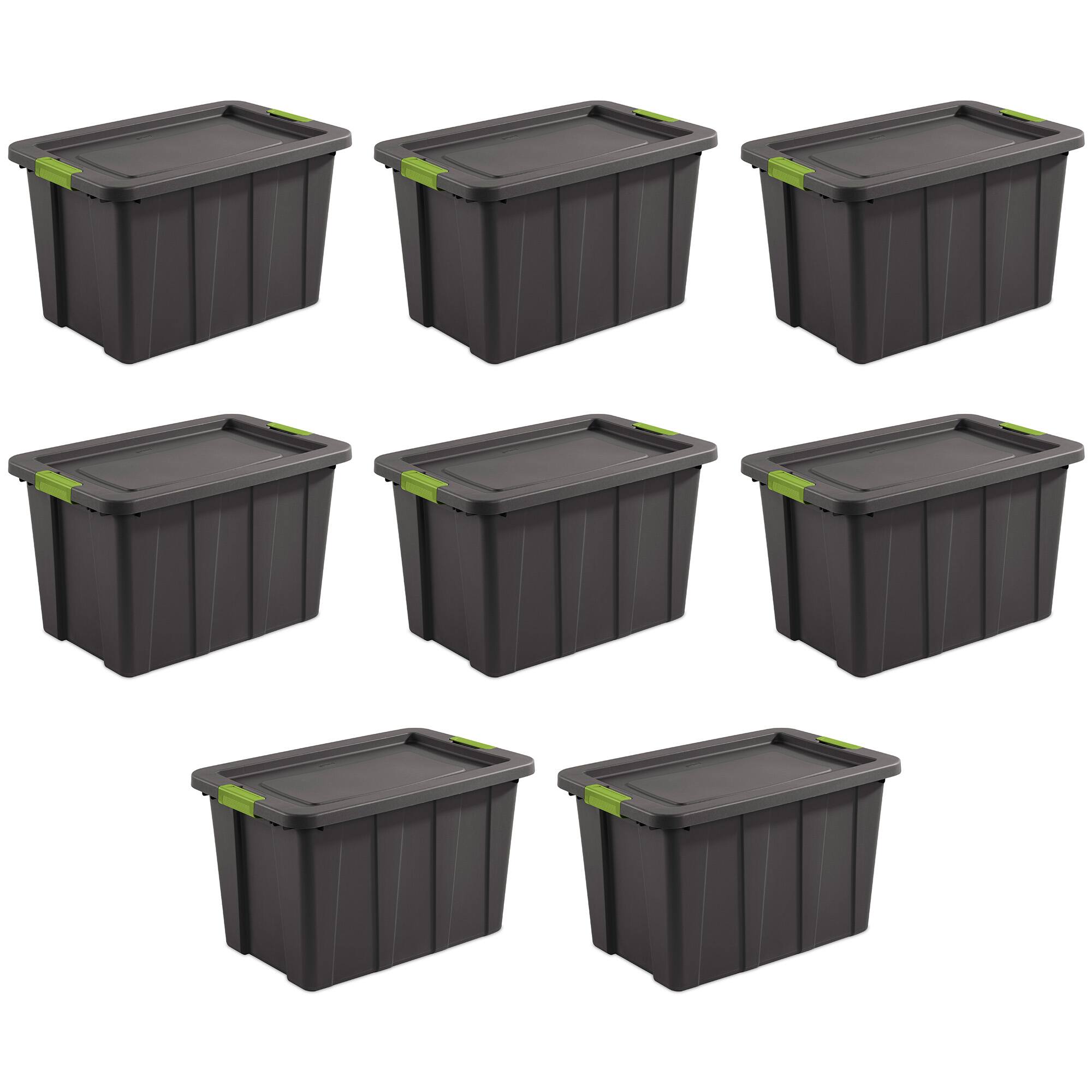 Front. Sterilite - Sterilite 30 Gal Latching Tuff1 Stackable Storage Tote Bin w/ Latch Lid, 8 Pack - Flat Gray.