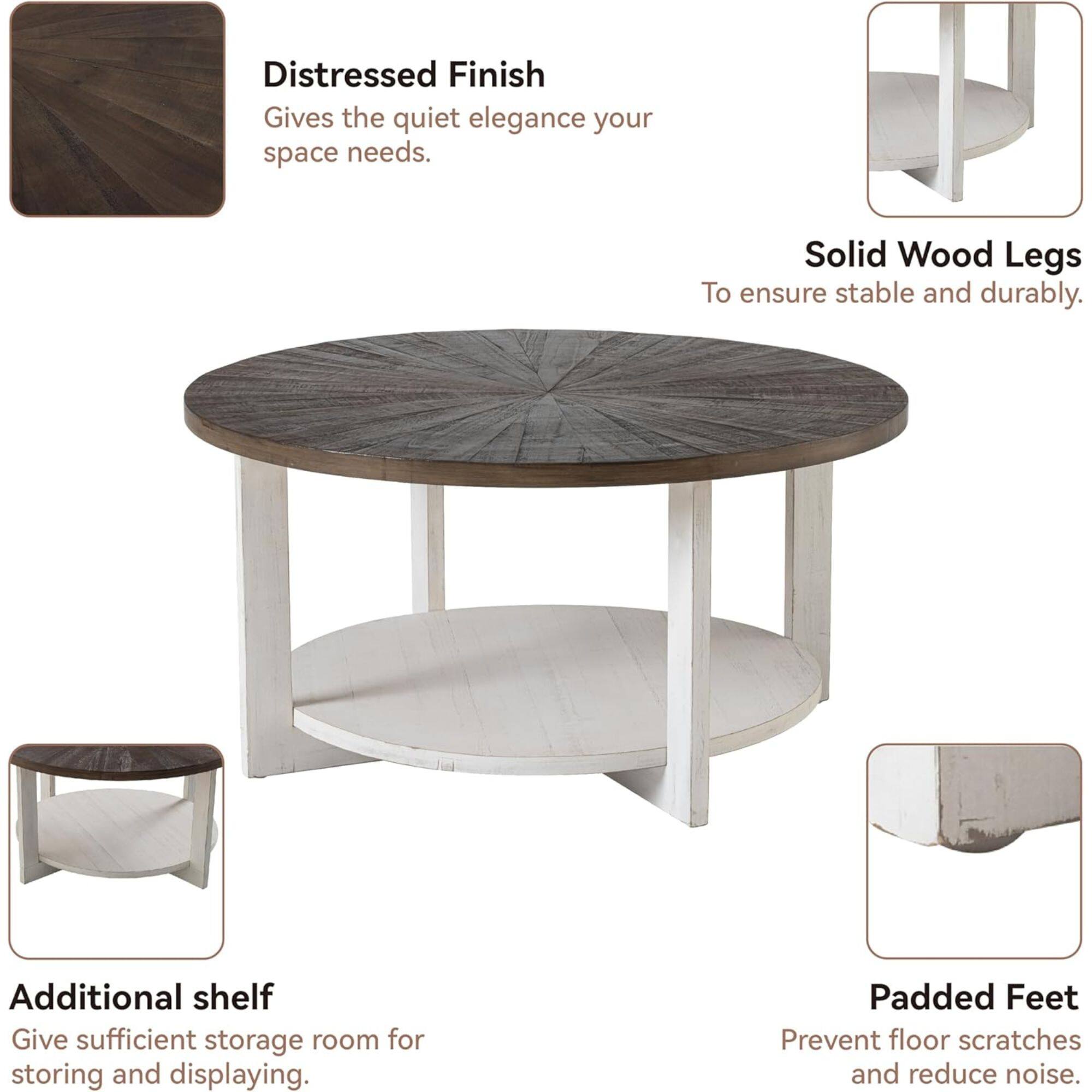 - **Distressed Finish**  
  Gives the quiet elegance your space needs.

- **Solid Wood Legs**  
  To ensure stable and durable.

- **Additional Shelf**  
  Give sufficient storage room for storing and displaying.

- **Padded Feet**  
  Prevent floor scratches and reduce noise.