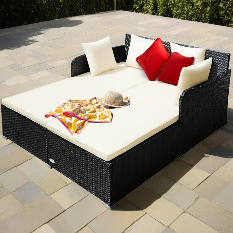 Front. Kadyn - Veryke Outdoor Patio Wicker Daybed Double Chaise Lounge with Cushion, Recliner Chair for Patio Furniture - Beige - Gray.