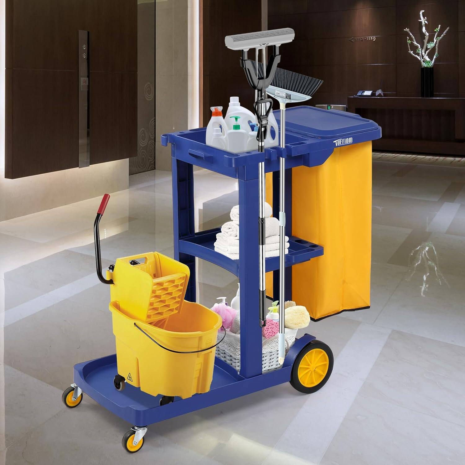 Angle. Winado - Heavy-Duty Traditional Cleaning 3-Shelf Janitorial Cart 500 Lbs Capacity Housekeeping Cart w/ Yellow Vinyl Bag for Hotel - Blue.