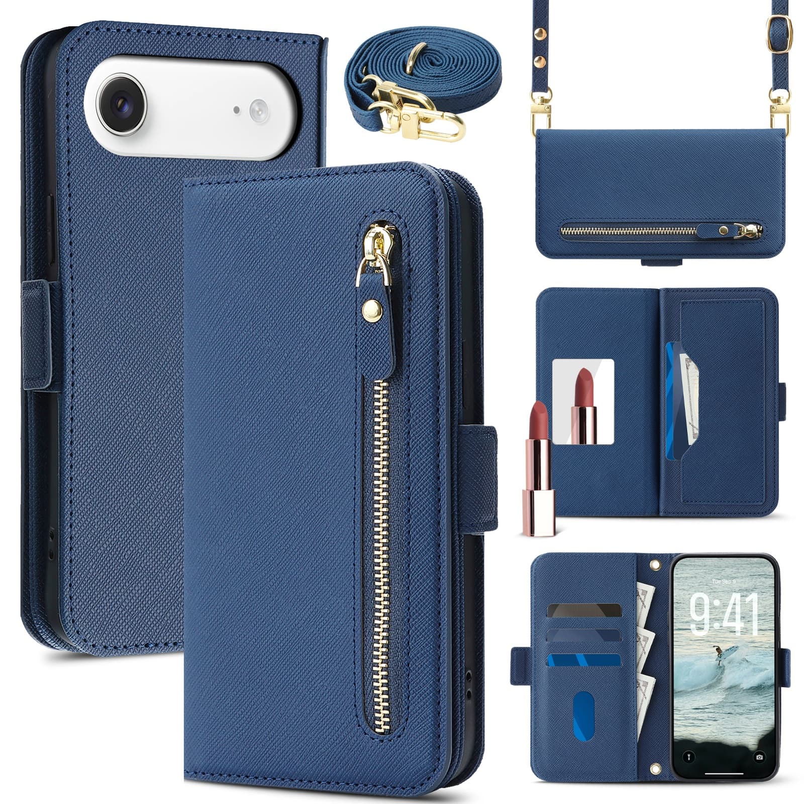 Dteck - For Apple iPhone Air Shockproof Leather Zipper Flip Wallet Case With Mirror and Crossbody Strap - Blue