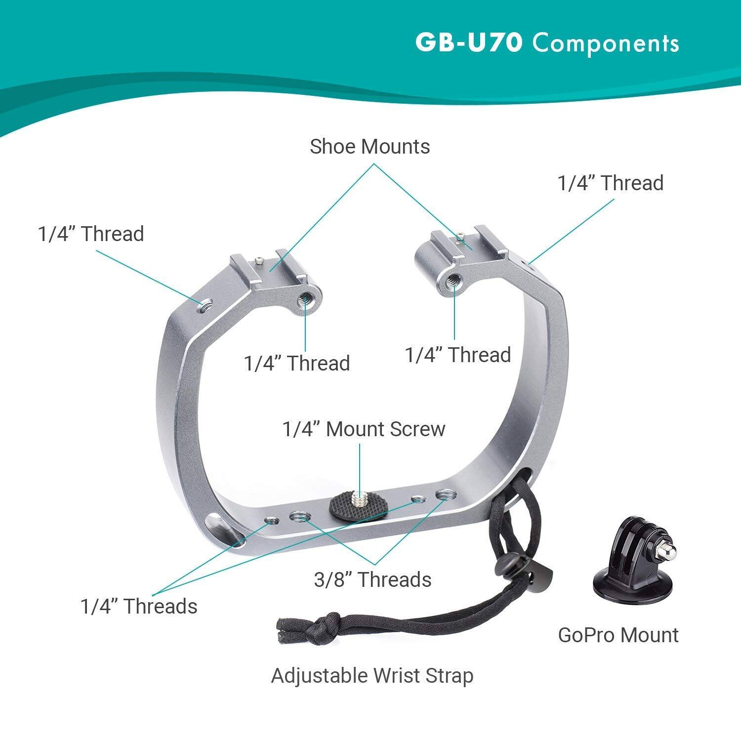GB-U70 Components

- Shoe Mounts
  - 1/4" Thread
  - 1/4" Thread
  - 1/4" Thread
  - 1/4" Thread

- 1/4" Mount Screw

- 3/8" Threads

- Adjustable Wrist Strap

- GoPro Mount

- 1/4" Threads