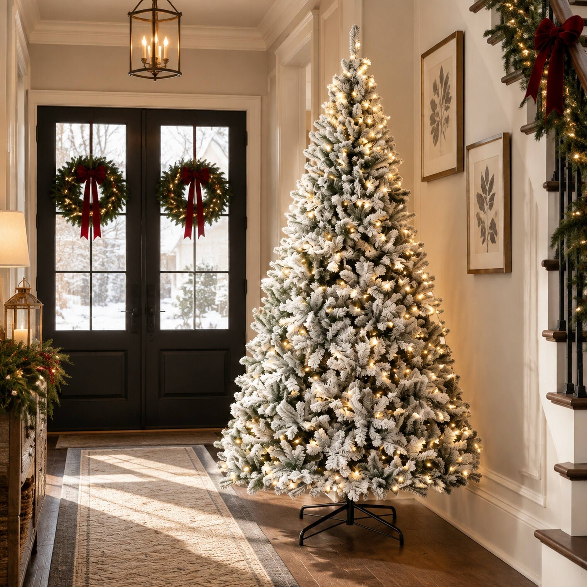 Alt View 2. RYHNUYNE - 9FT Pre-Lit Flocked Fraser Fir Christmas Tree With LED Lights and Hinged Branches, Foldable Metal Base - Green.