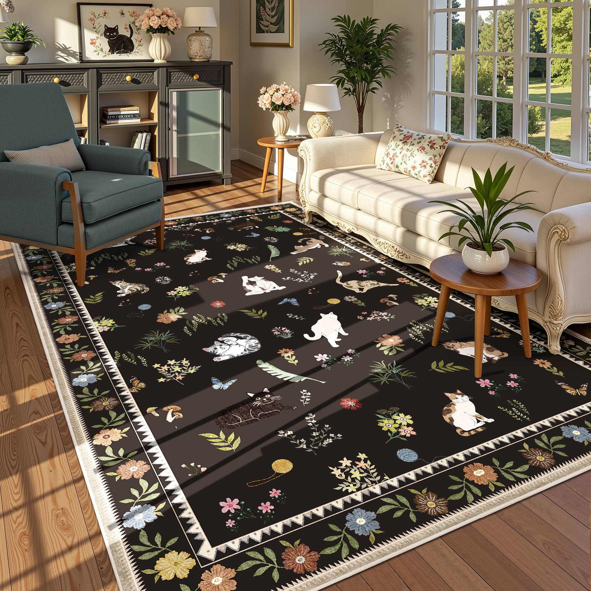 Alt View 1. KERDOM - Cat Illustration 6x9 ft Bedroom Rug, Large Kitten Floor Mat for Dinning Room, Low Pile Washable Area Carpet Animal Throw - Black.