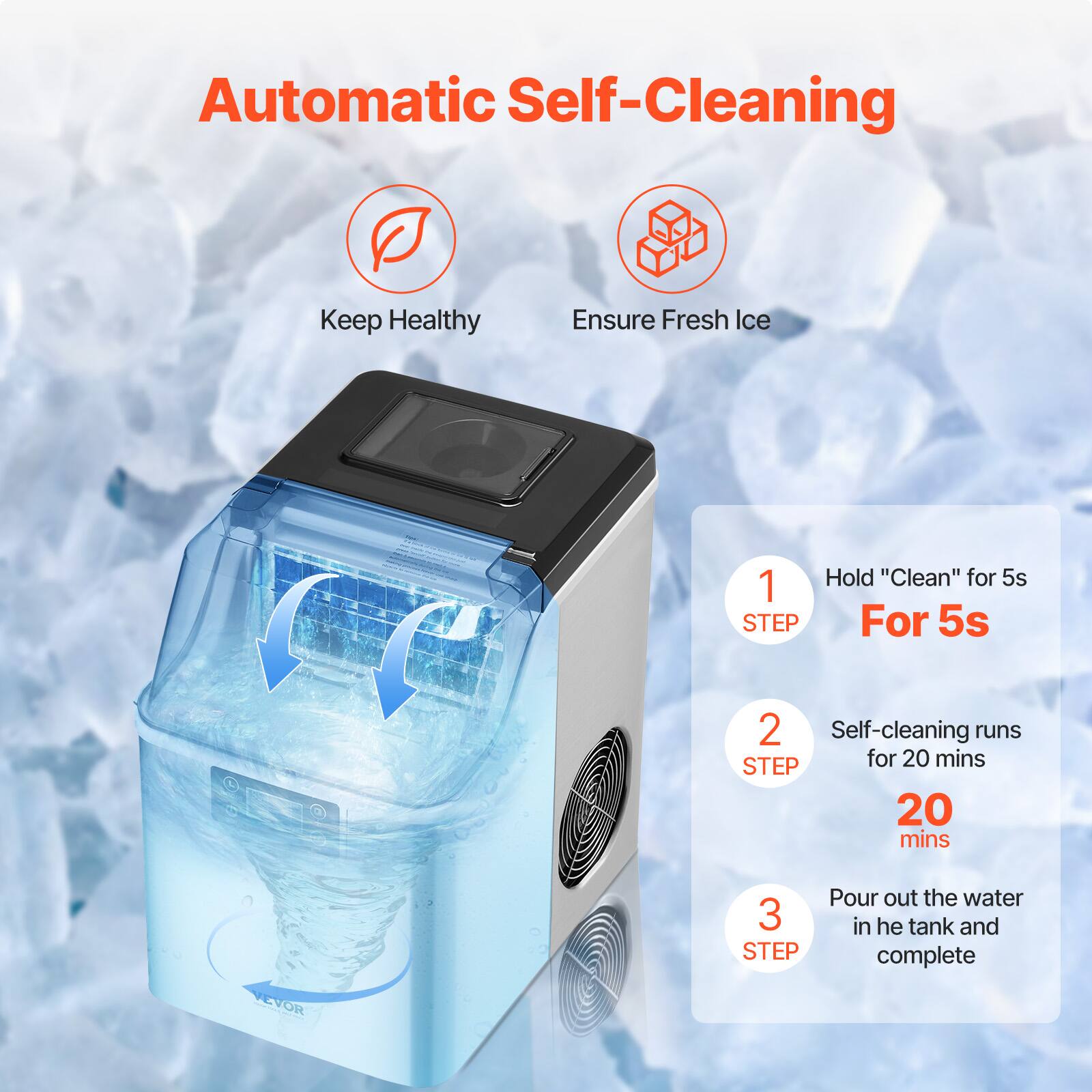 Automatic Self-Cleaning

Keep Healthy  
Ensure Fresh Ice

1. Hold "Clean" for 5s  
   For 5s

2. Self-cleaning runs  
   for 20 mins  
   20 mins

3. Pour out the water  
   in the tank and  
   complete