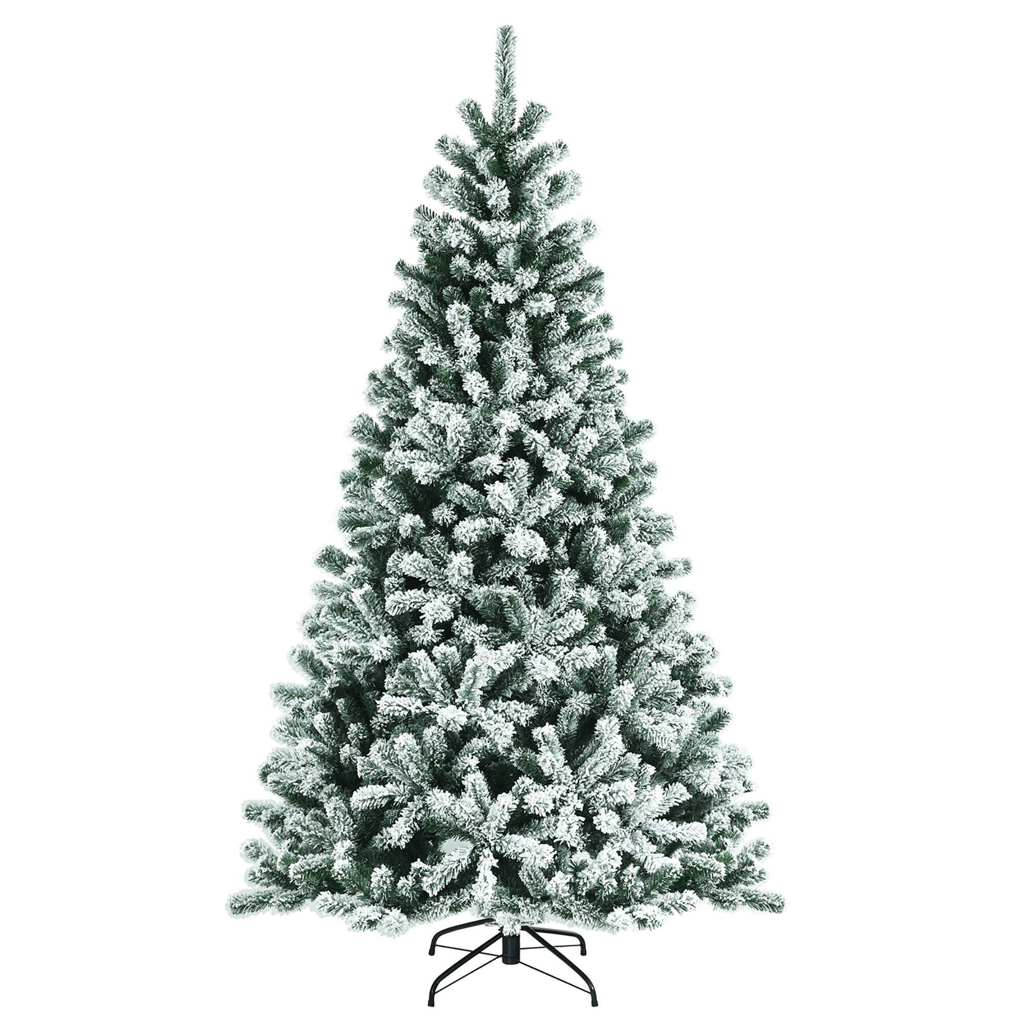 Alt View 21. Costway - 7ft Pre-lit Snow Flocked Hinged Christmas Tree w/1116 Tips & Metal Stand - Green/White.