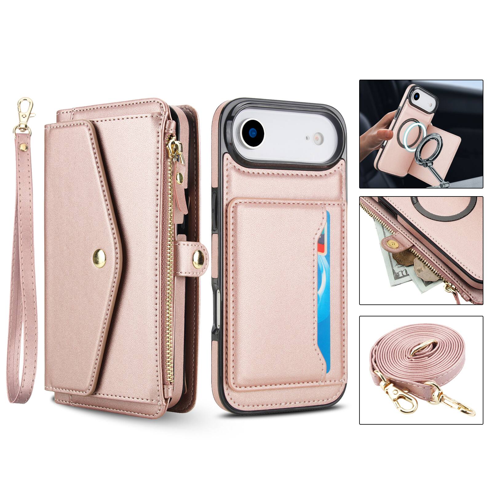 Alt View 5. Dteck - Crossbody RFID Blocking Zipper Wallet Card For iPhone Air (2025) Handbag Magnetic Kickstand Wrist Strap Case - Rosegold.