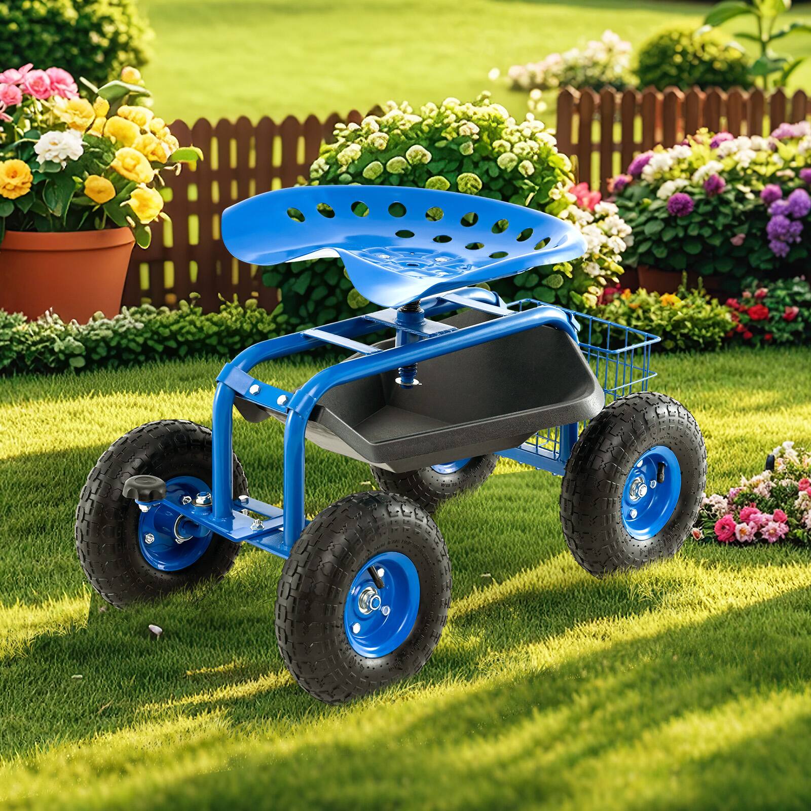 Alt View 3. Gymax - Gymax Cart Wagon Rolling Work Seat w/ Tool Tray Basket Planting Patio Blue - Blue.