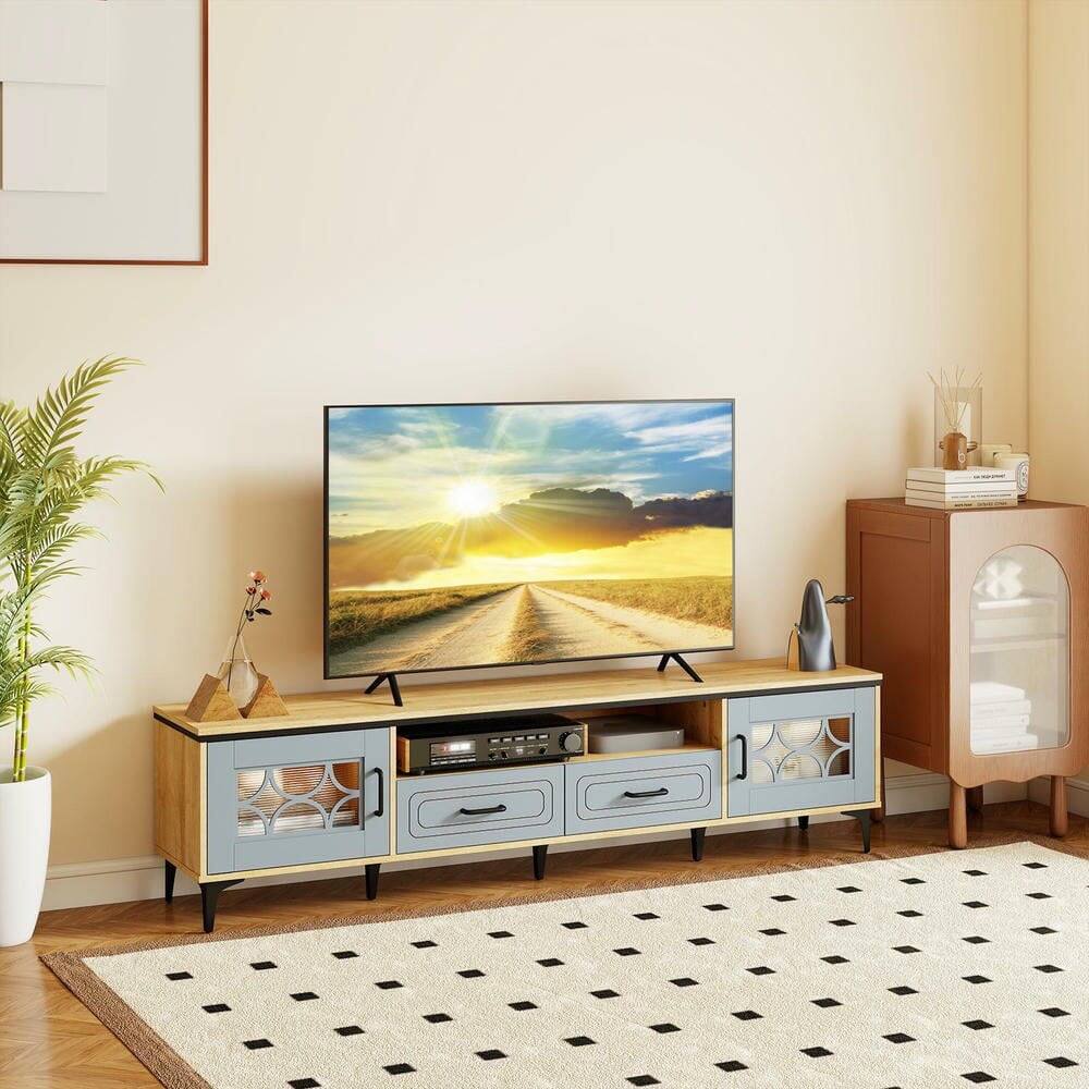 Left. Kadyn - Farmhouse Media Console for 80-Inch TVs with Two Drawers, Oak and Gray - Brown.