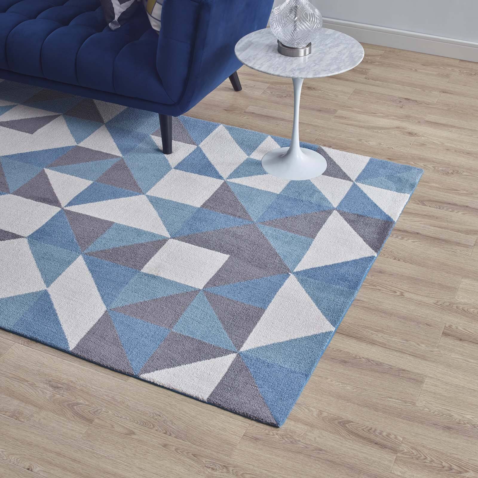 Left. Modway - Kahula Geometric Triangle Mosaic Area Rug - Blue White and Gray.