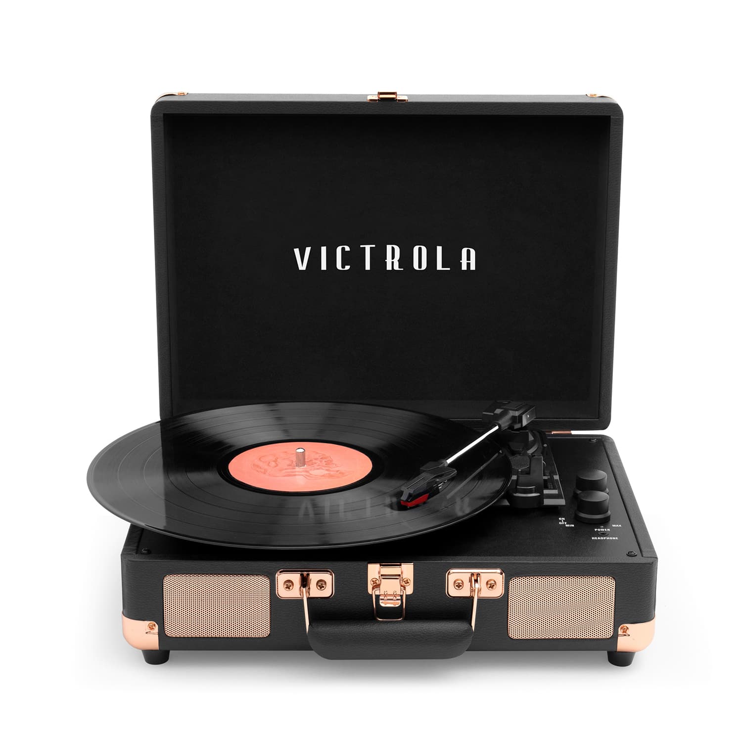 The image features a Victrola record player with a record on it. The record player is black and has a suitcase-like design. The record is placed on the turntable, ready to be played. The Victrola is an old-fashioned record player that has been updated with modern features, making it a unique and nostalgic piece of audio equipment.