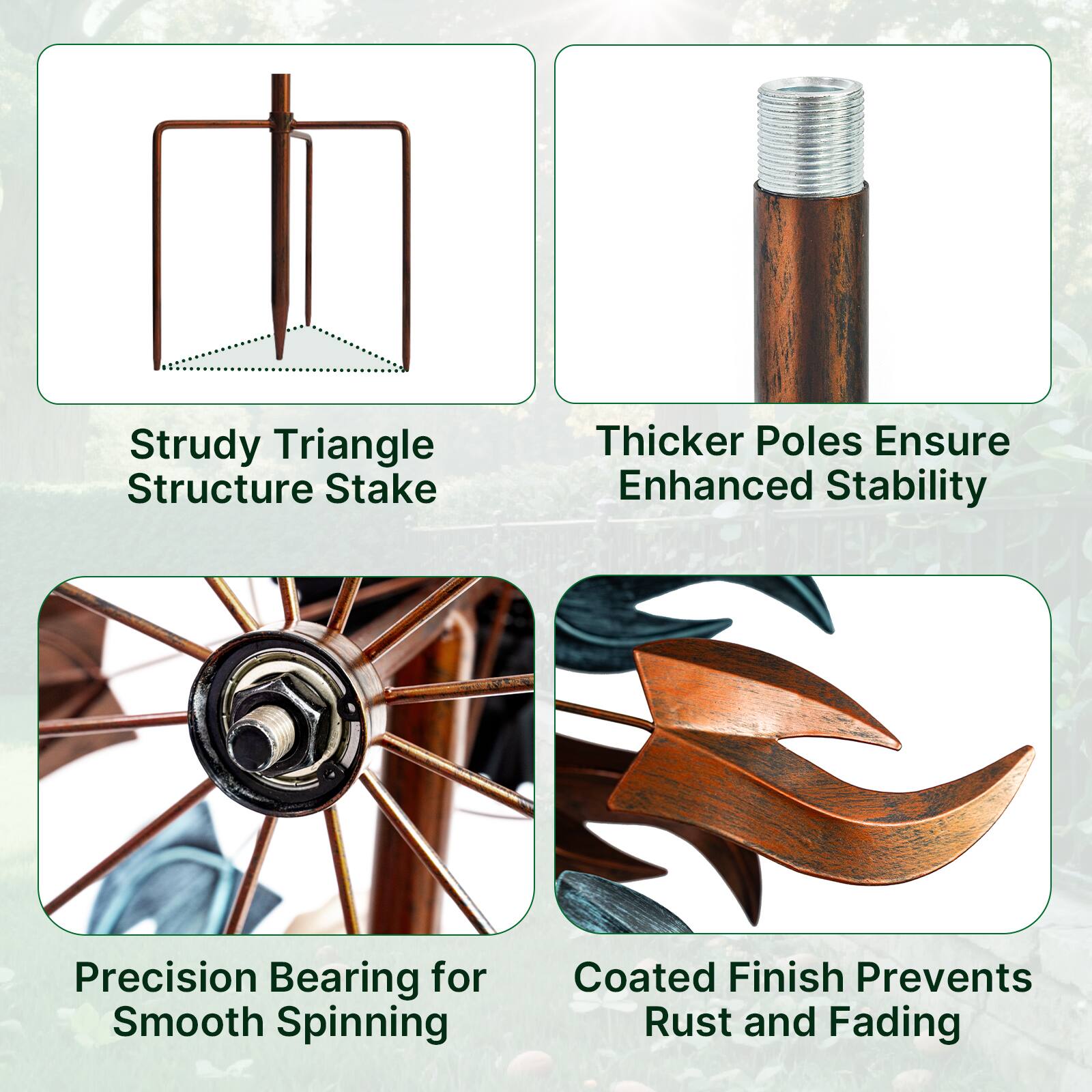 Sure, here is the corrected and grouped text:

1. **Strudy Triangle Structure Stake**
2. **Thicker Poles Ensure Enhanced Stability**
3. **Precision Bearing for Smooth Spinning**
4. **Coated Finish Prevents Rust and Fading**