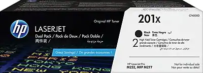Original HP Toner
LASERJET Dual Pack / Pack de Deux / Pack Doble / 两件装
Great Savings / De grandes économies 1
201x
Black / Tono Negro / Noir
High Yield Toner Cartridges / Cartouches de toner grande capacité / Cartuchos de toner de alto rendimiento / 大容量墨粉盒
HP LaserJet Pro M252, MFP M277
Not for individual sale / Non pour vente au détail