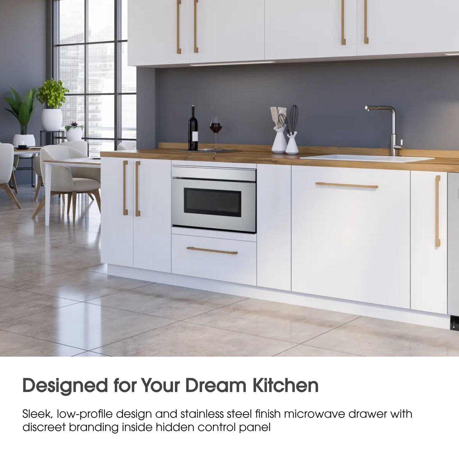 Designed for Your Dream Kitchen: Sleek, low-profile design and stainless steel finish microwave drawer with discreet branding inside hidden control panel.