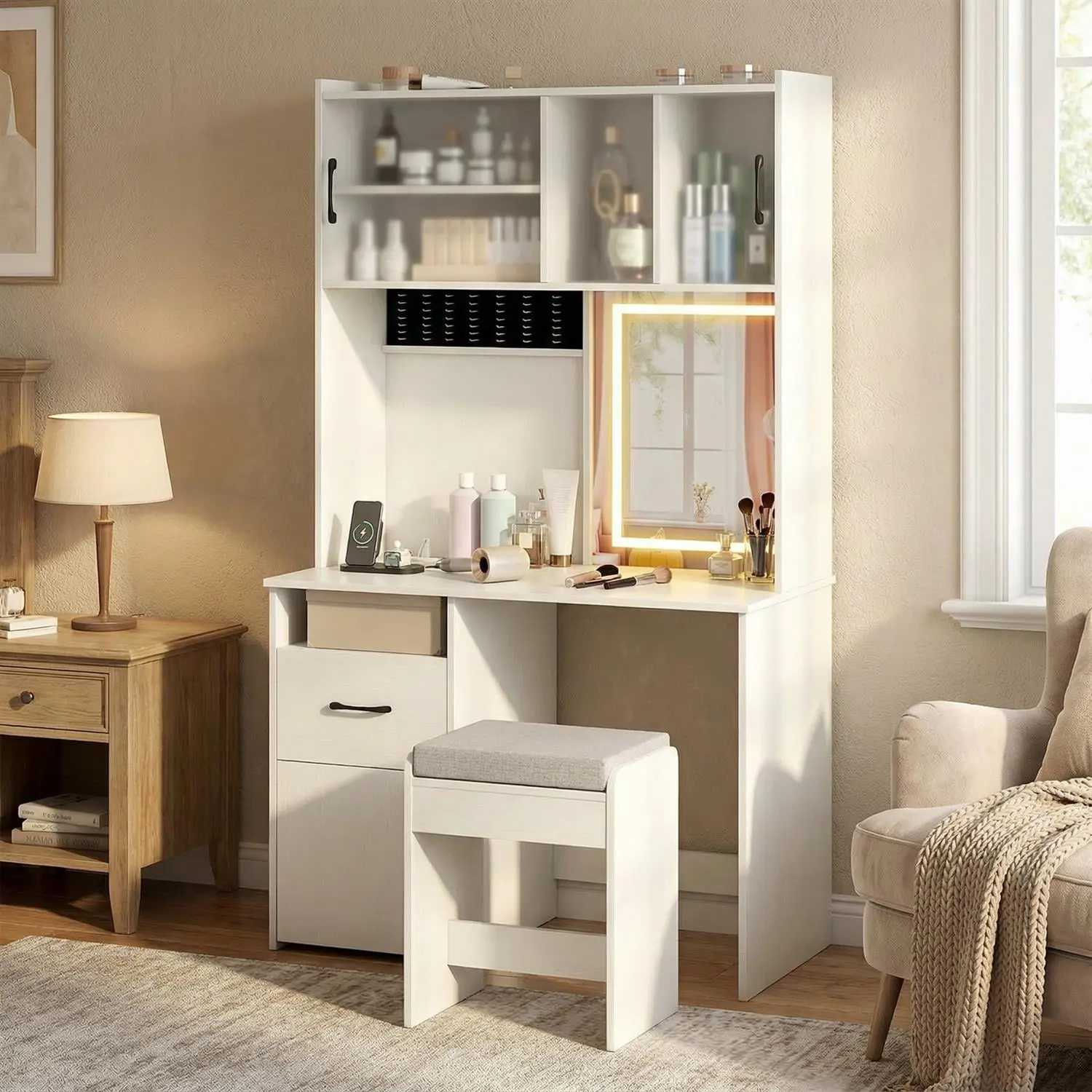 Front. Pefilos - 67 Inches Tall Vanity Set with Mirror, Makeup Dressing Table with Charging Station & Jewelry Storage - White.