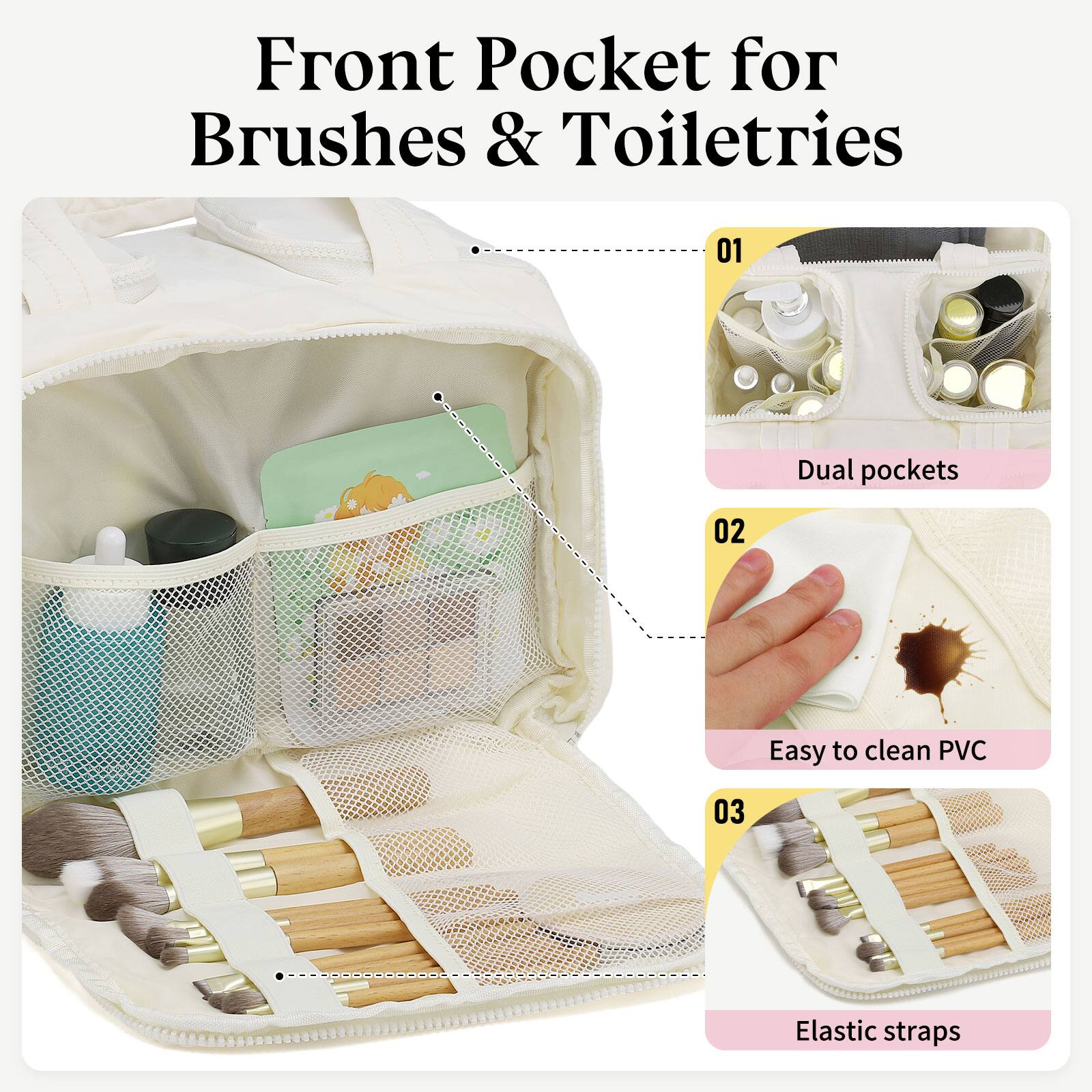 Front Pocket for Brushes & Toiletries

01 Dual pockets  
02 Easy to clean PVC  
03 Elastic straps