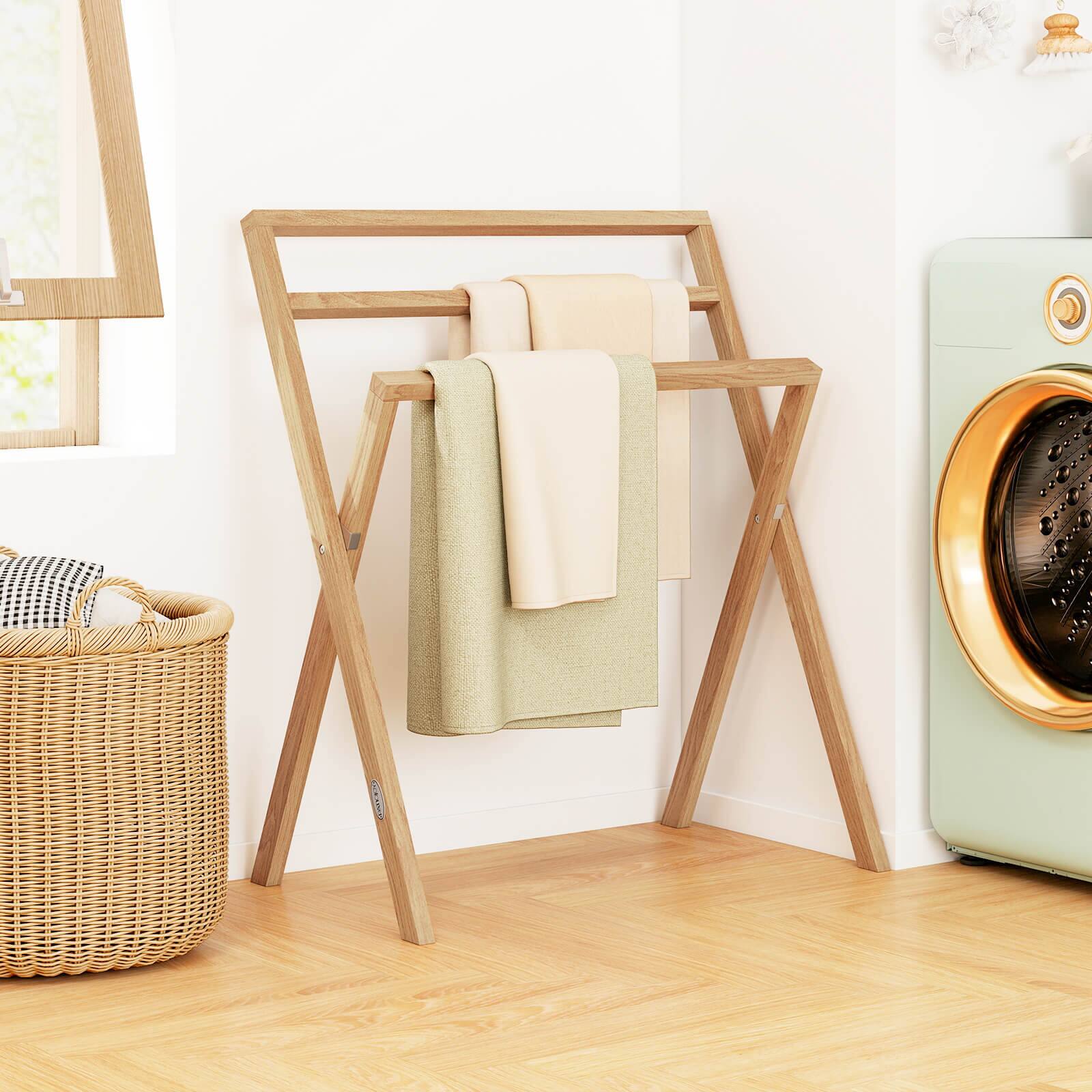 Alt View 4. Costway - Costway Freestanding Towel Rack Foldable Teak Wood Blanket Holder with 3 Hanging Crossbars - Beige.