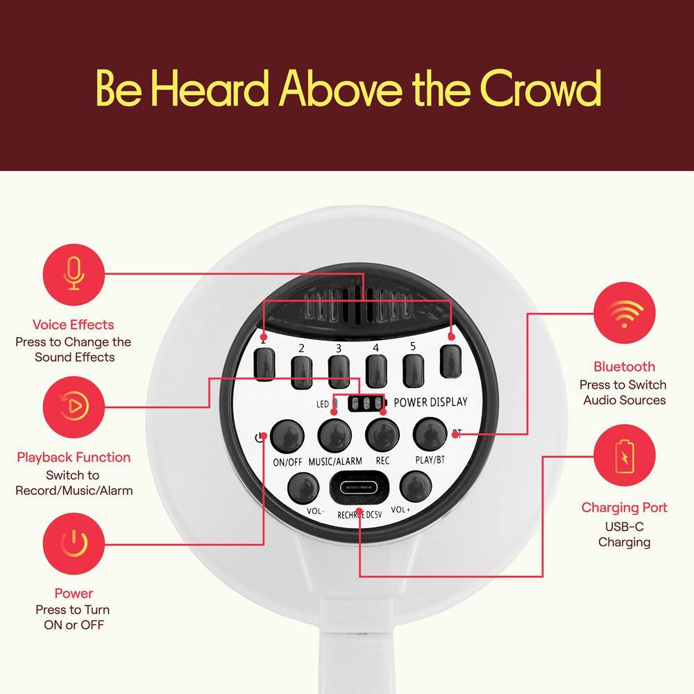 Be Heard Above the Crowd

Voice Effects
Press to Change the Sound Effects

Playback Function
Switch to Record/Music/Alarm

Power
Press to Turn ON or OFF

Bluetooth
Press to Switch Audio Sources

Charging Port
USB-C Charging