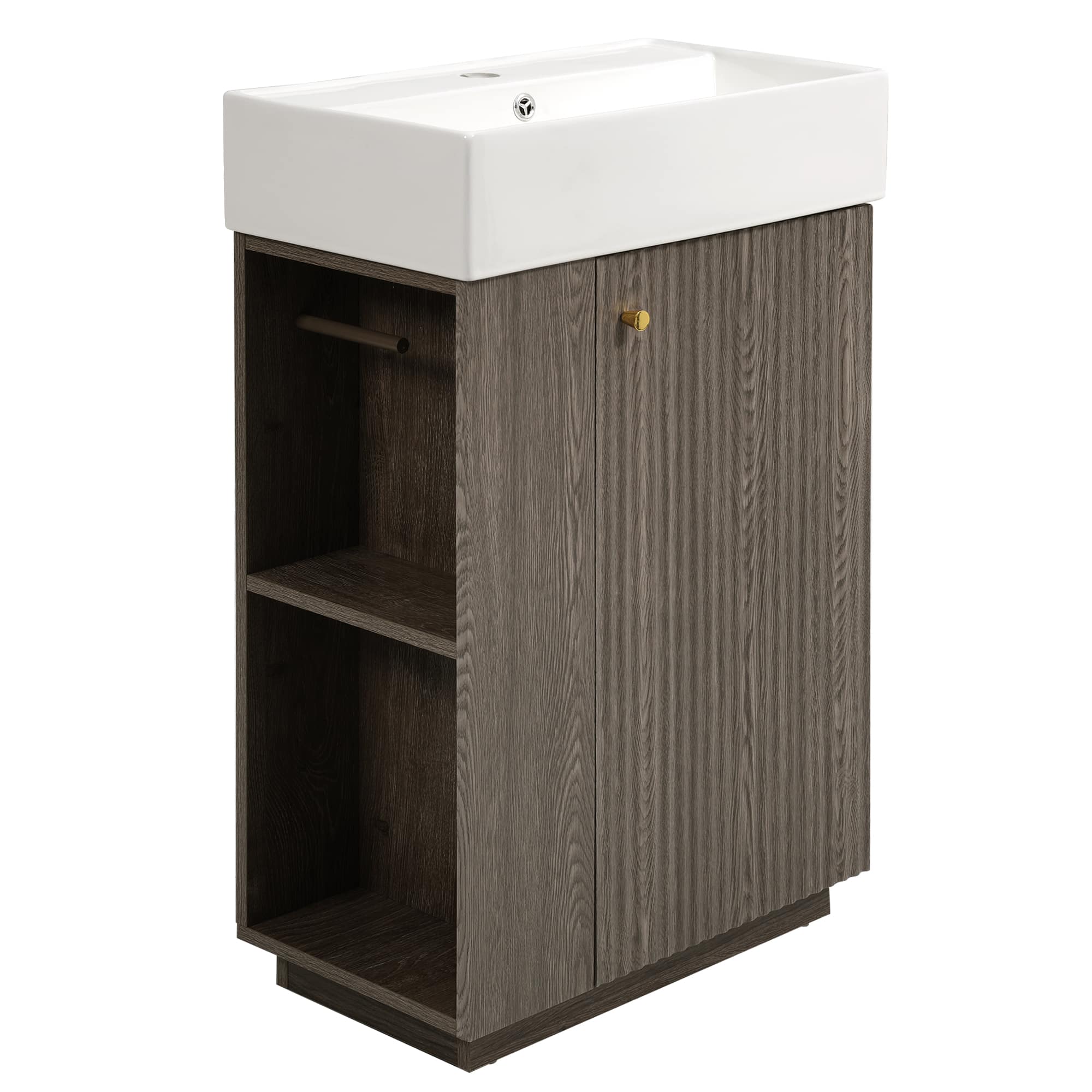 Ecooso - 21.6" Bathroom Vanity with Ceramic Sink, Freestanding Right-Door Cabinet, Open + Closed Storage, Soft-Close - DARK GREY