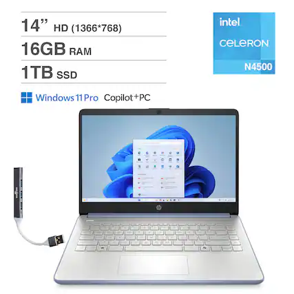 14" HD (1366*768)
16GB RAM
1TB SSD
Intel Celeron N4500
Windows 11 Pro Copilot+PC